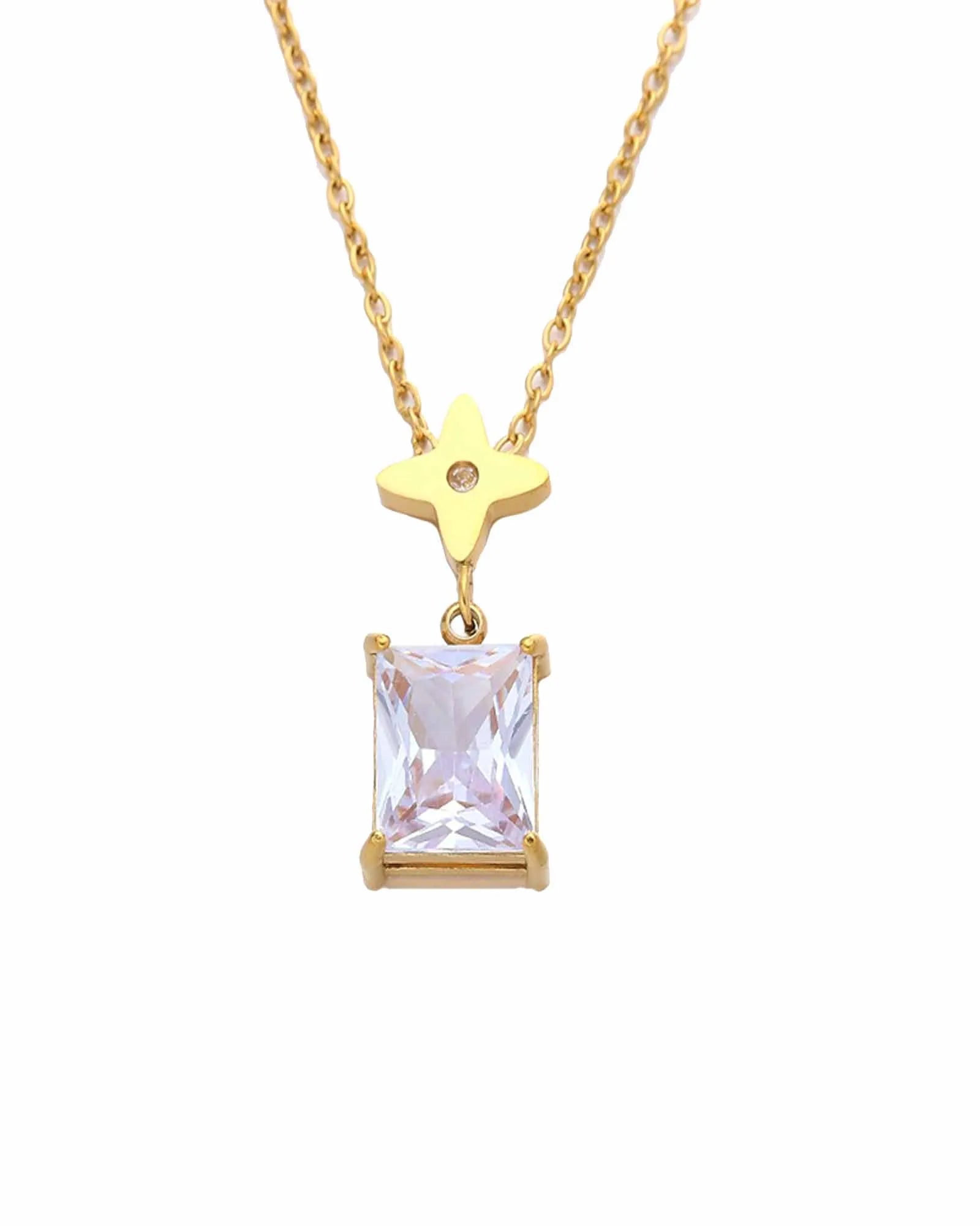 Crystal Pendant Necklace with Star Charm, 18K Gold Plated Stainless Steel, 40+5 cm Chain