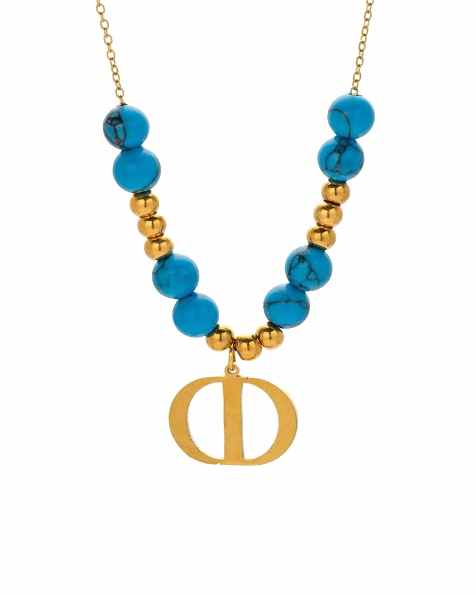 18K Gold Plated Stainless Steel Chain, Turquoise and Gold Beaded Initial Necklace with CD Pendant,