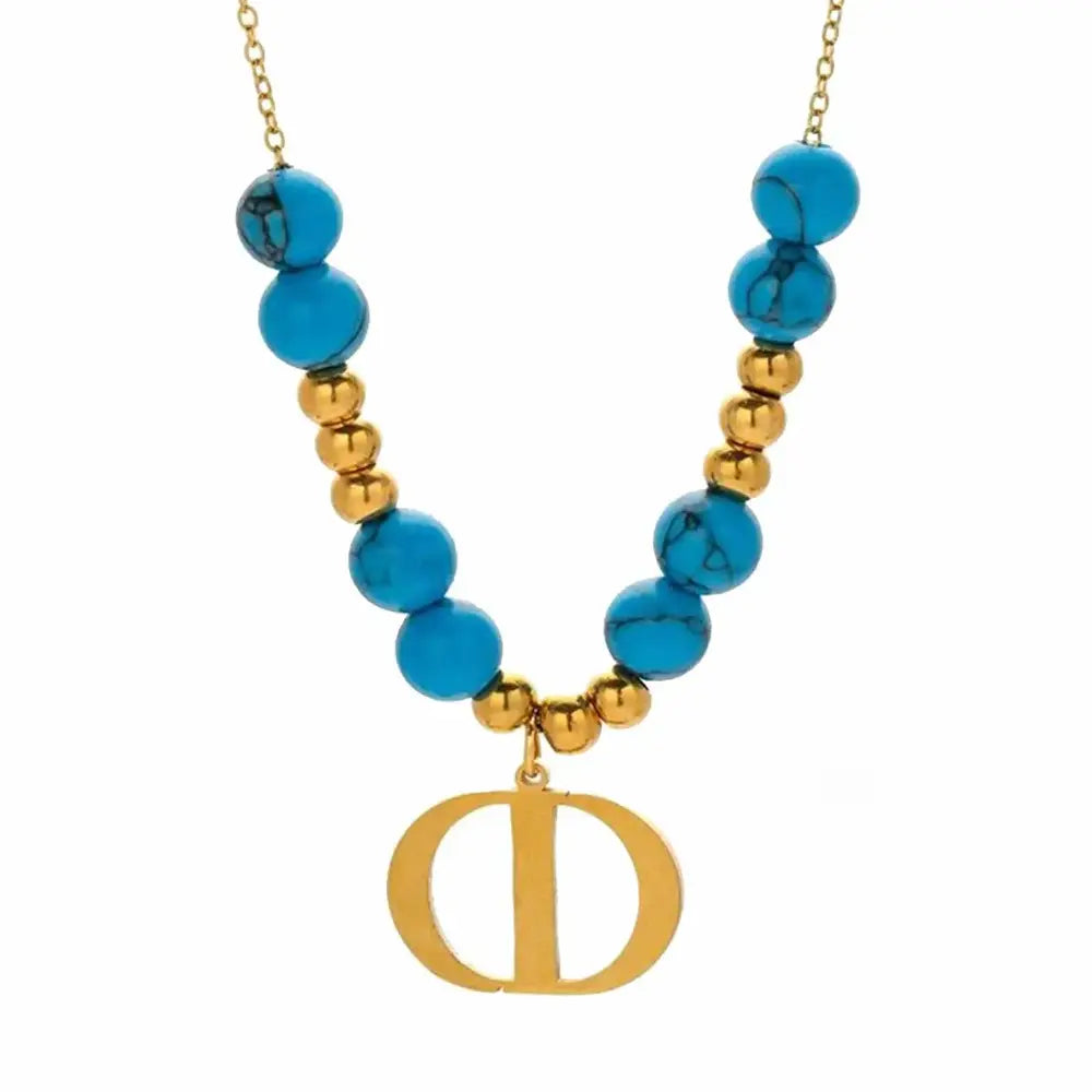 18K Gold Plated Stainless Steel Chain, Turquoise and Gold Beaded Initial Necklace with CD Pendant,