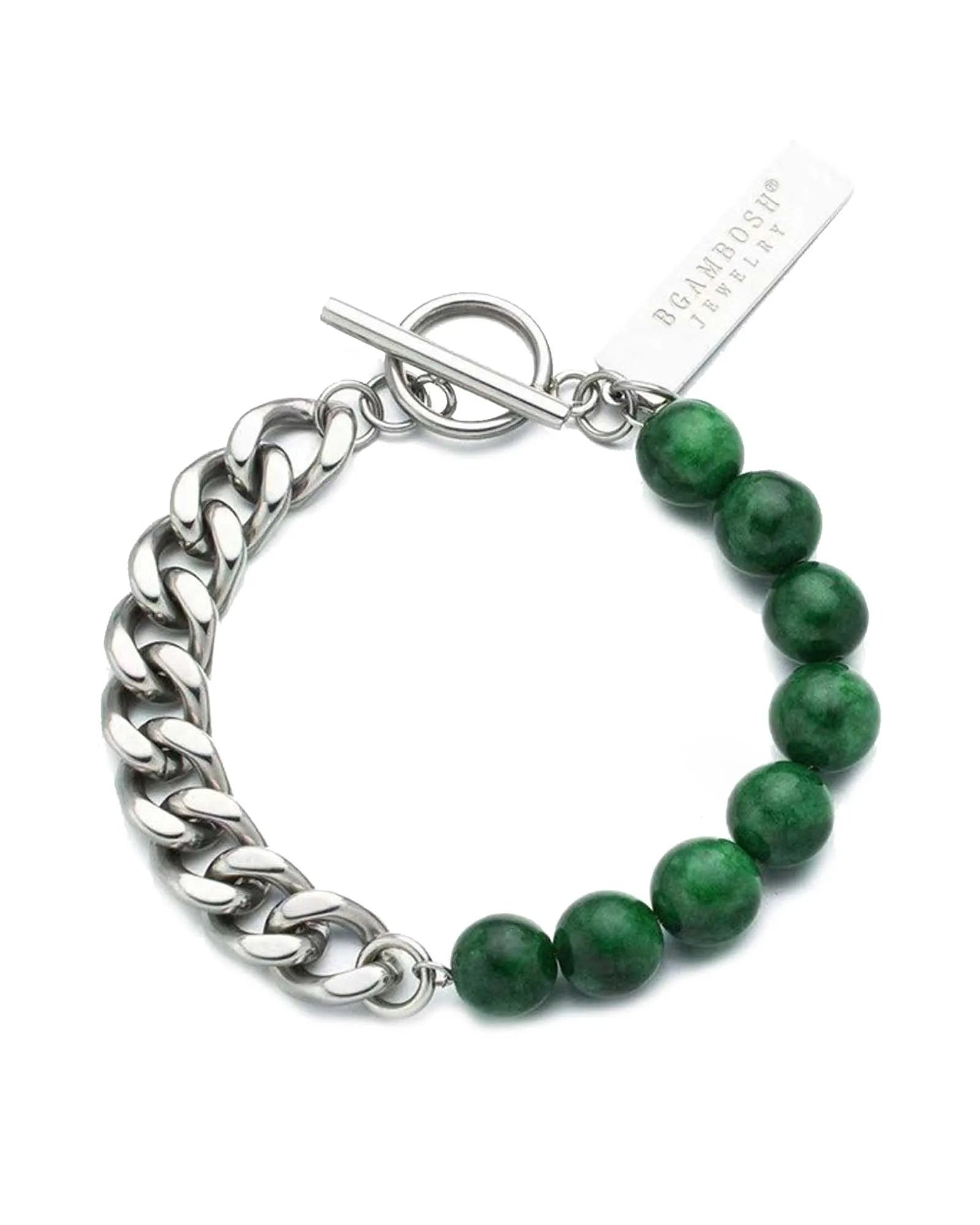 Designer Toggle Bracelet with Green Jade Beads and Stainless Steel Chain, Silver