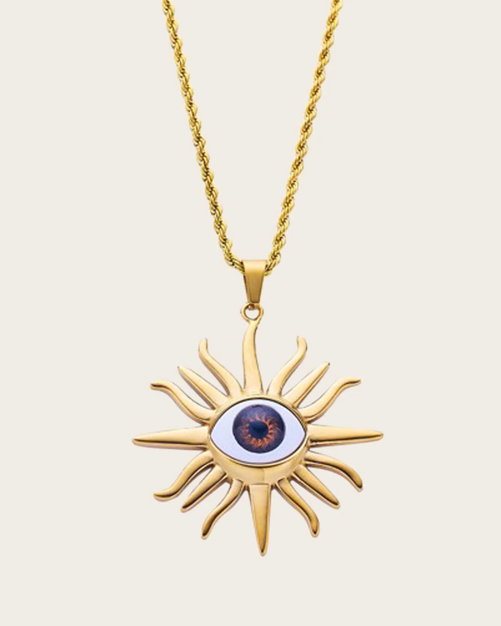 18k Gold Plated Stainless Steel, Evil Eye Sun Pendant Necklace, 50 cm Chain Kaaf Creations