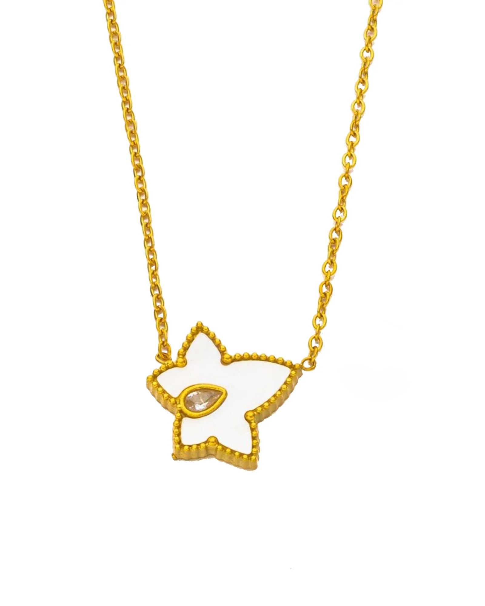 White Enamel Star Pendant Necklace, 18K Gold Plated Stainless Steel Chain, Crystal Accent for women and girls