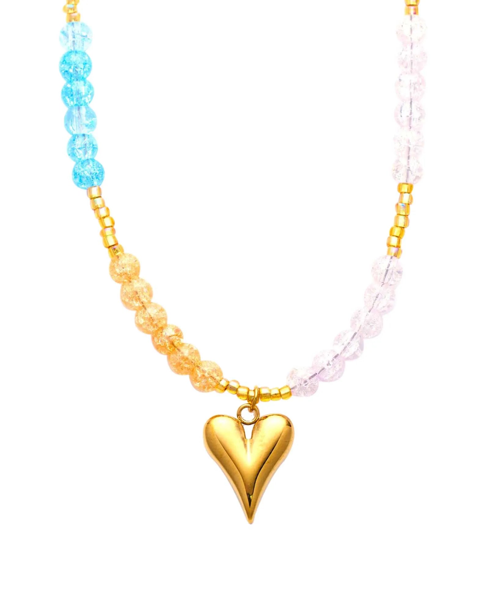 Multicolour Beaded Necklace with 18k Gold-Plated Heart Pendant, 40+5 cm Kaaf Creations