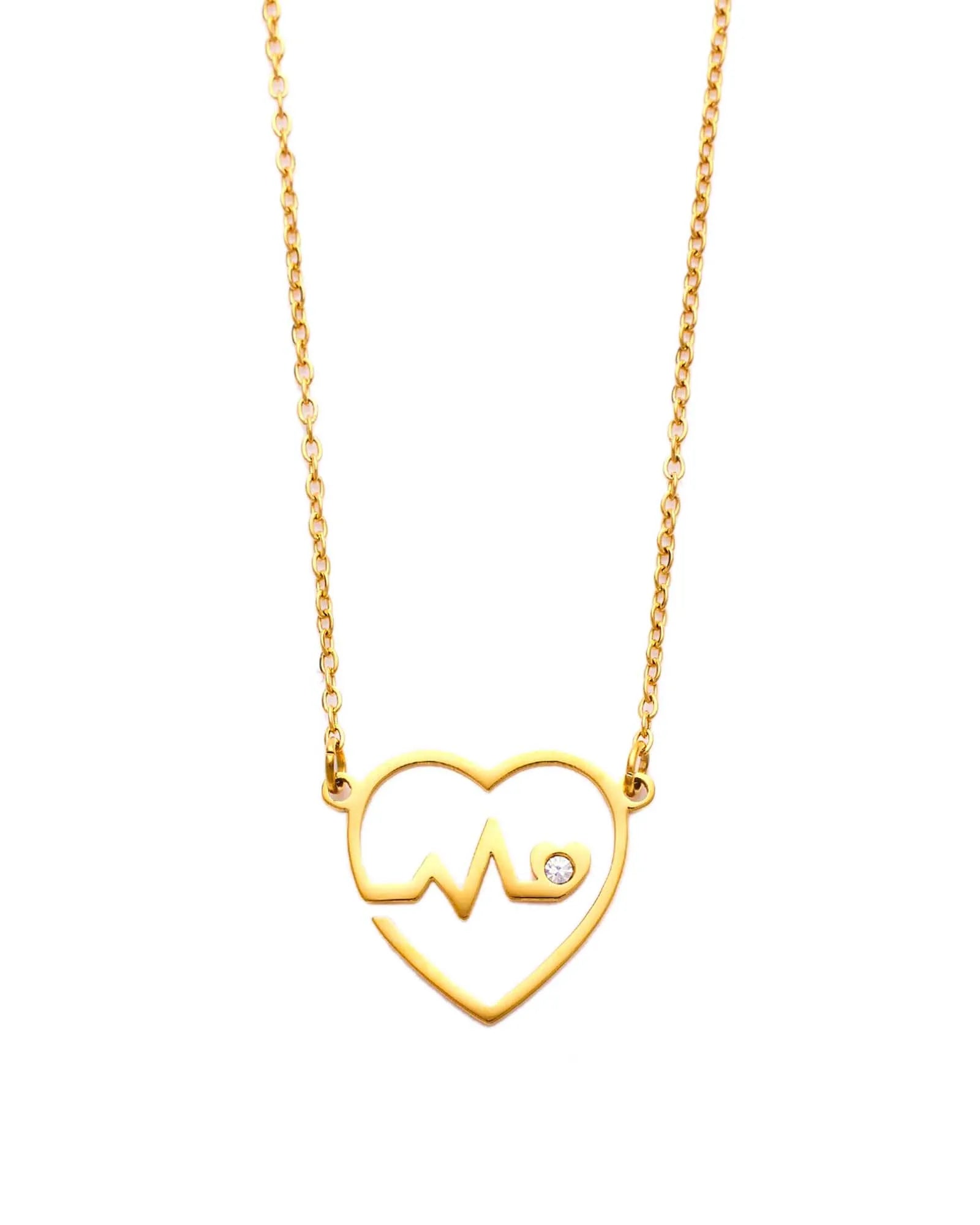 18K Gold Plated Stainless Steel, Heartbeat Crystal Pendant Necklace, 47 cm Chain Kaaf Creations