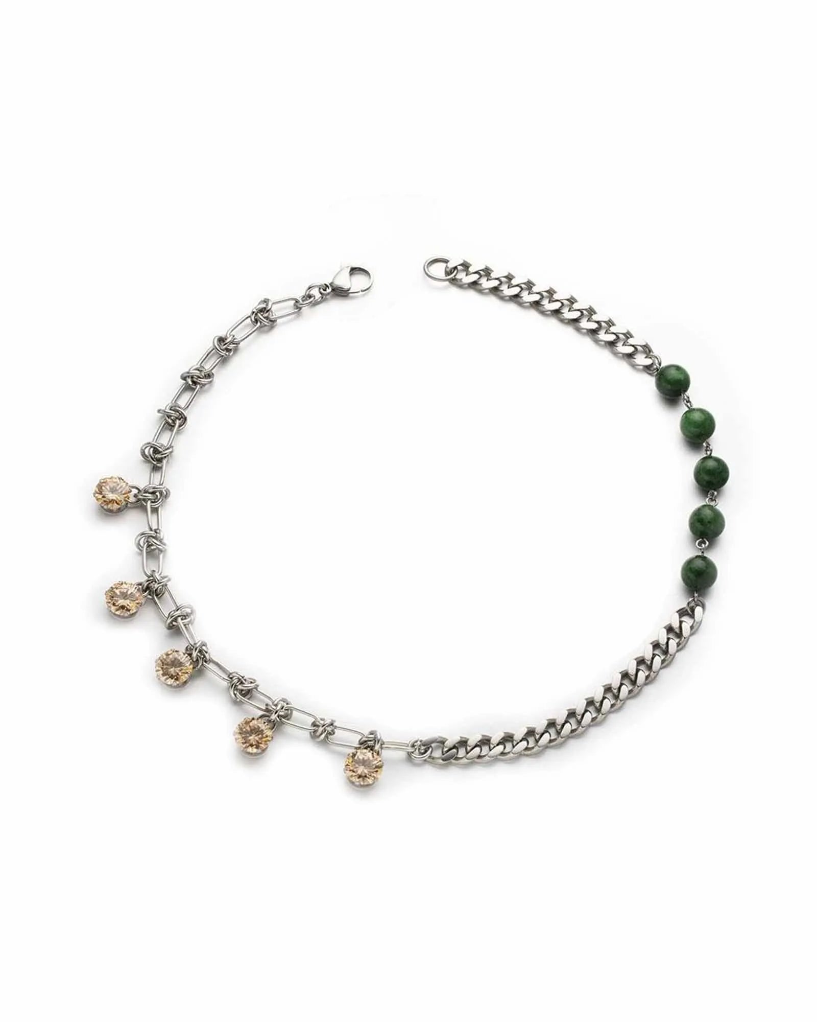 Mixed Chain Necklace with Crystal Charms, Green Beads, Silver Metal, 46.5 cm