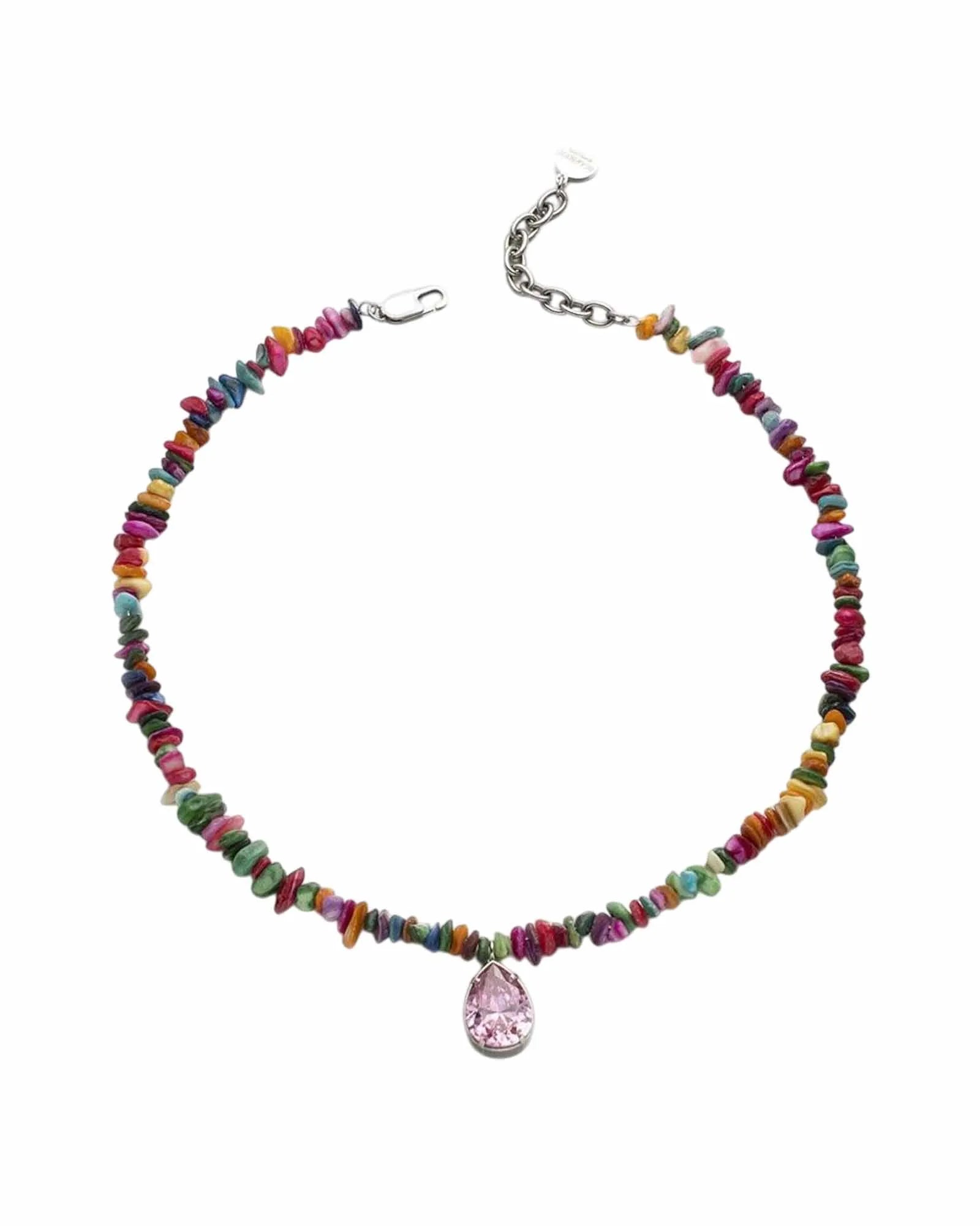 Multicolored Stone Beaded Necklace with Pink Crystal Pendant, 44 cm + 5 cm Extension