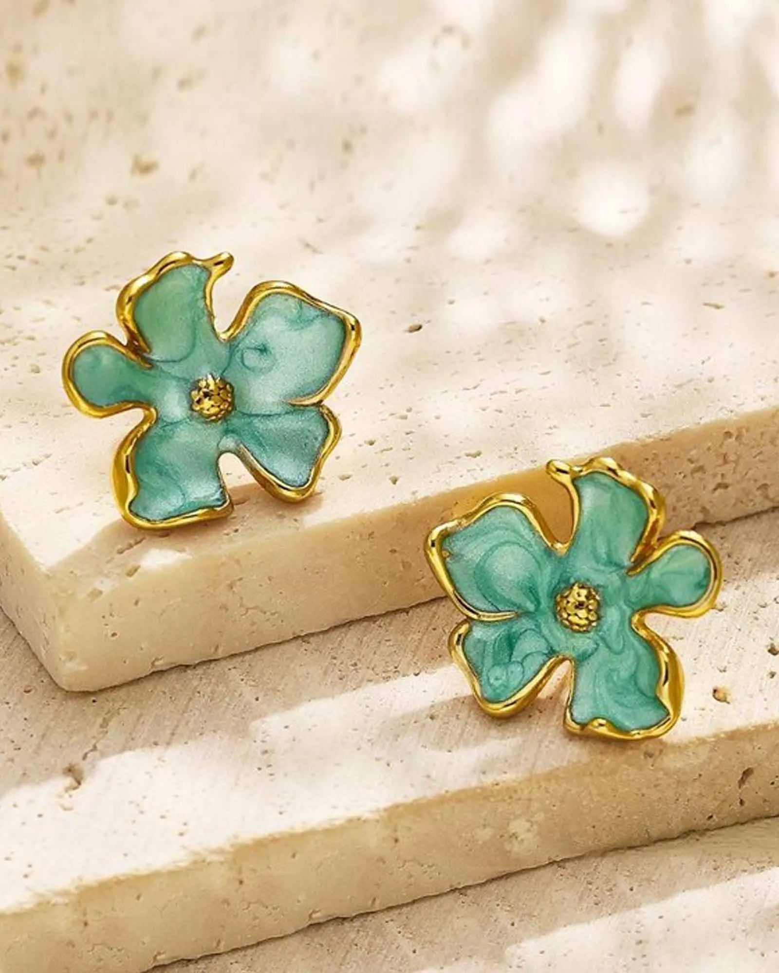 18K Gold Plated Stainless Steel Floral Stud Earrings, Mint Green Enamel with Gold-Plated Trim