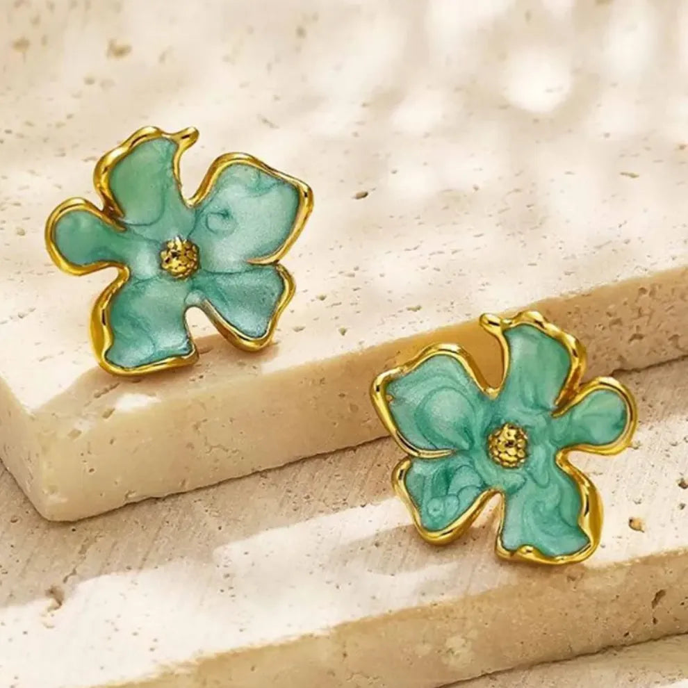 18K Gold Plated Stainless Steel Floral Stud Earrings, Mint Green Enamel with Gold-Plated Trim Kaaf Creations