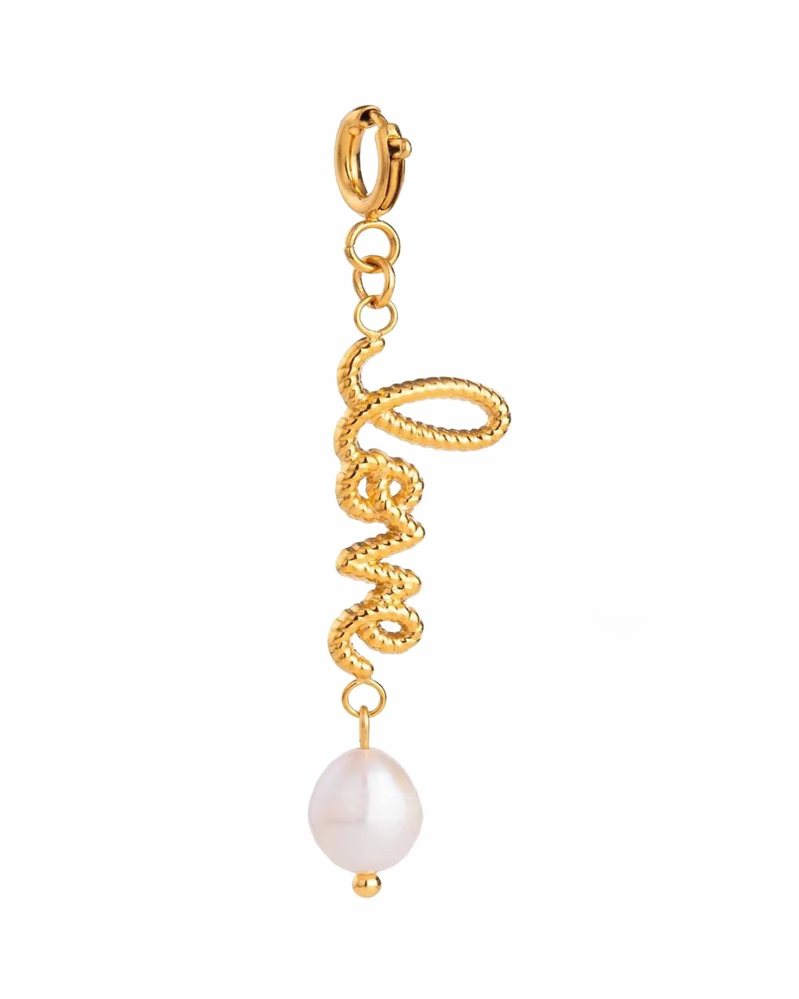 Love Script Pearl Drop Charm, 18K Gold Plated Stainless Steel, Single Dangle Charm for women and girls