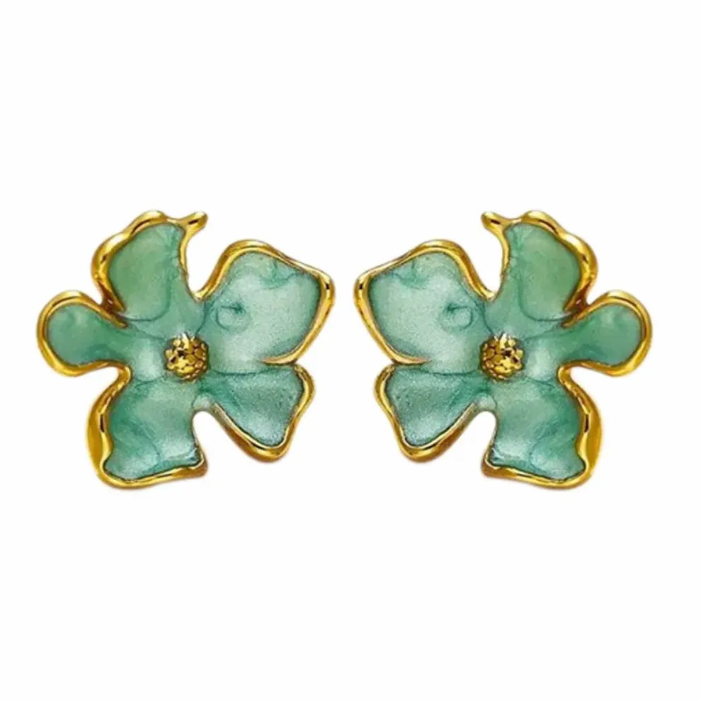 18K Gold Plated Stainless Steel Floral Stud Earrings, Mint Green Enamel with Gold-Plated Trim Kaaf Creations