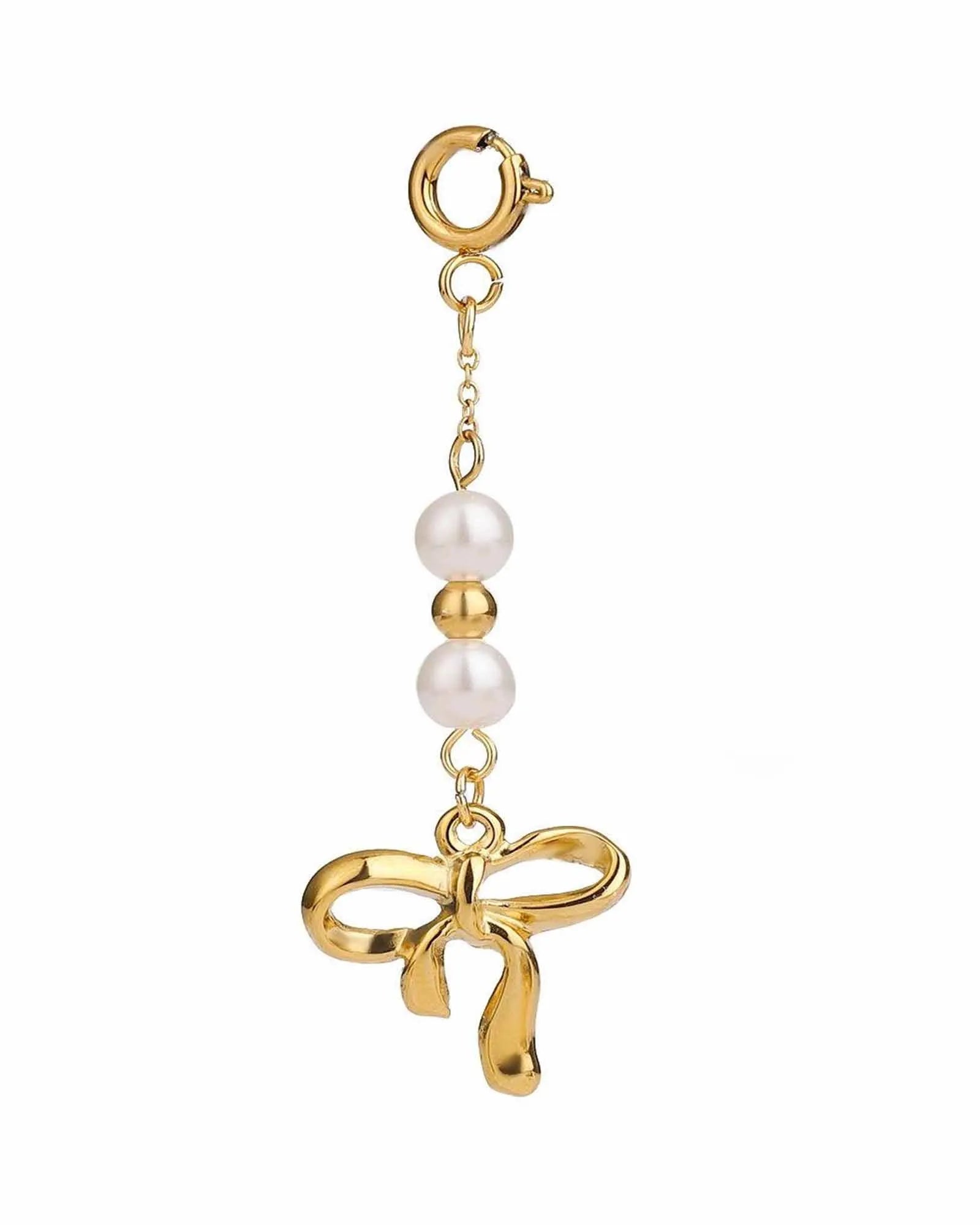 Pearl and Gold Bow Charm Pendant, 18K Gold-Plated Stainless Steel for women and girls