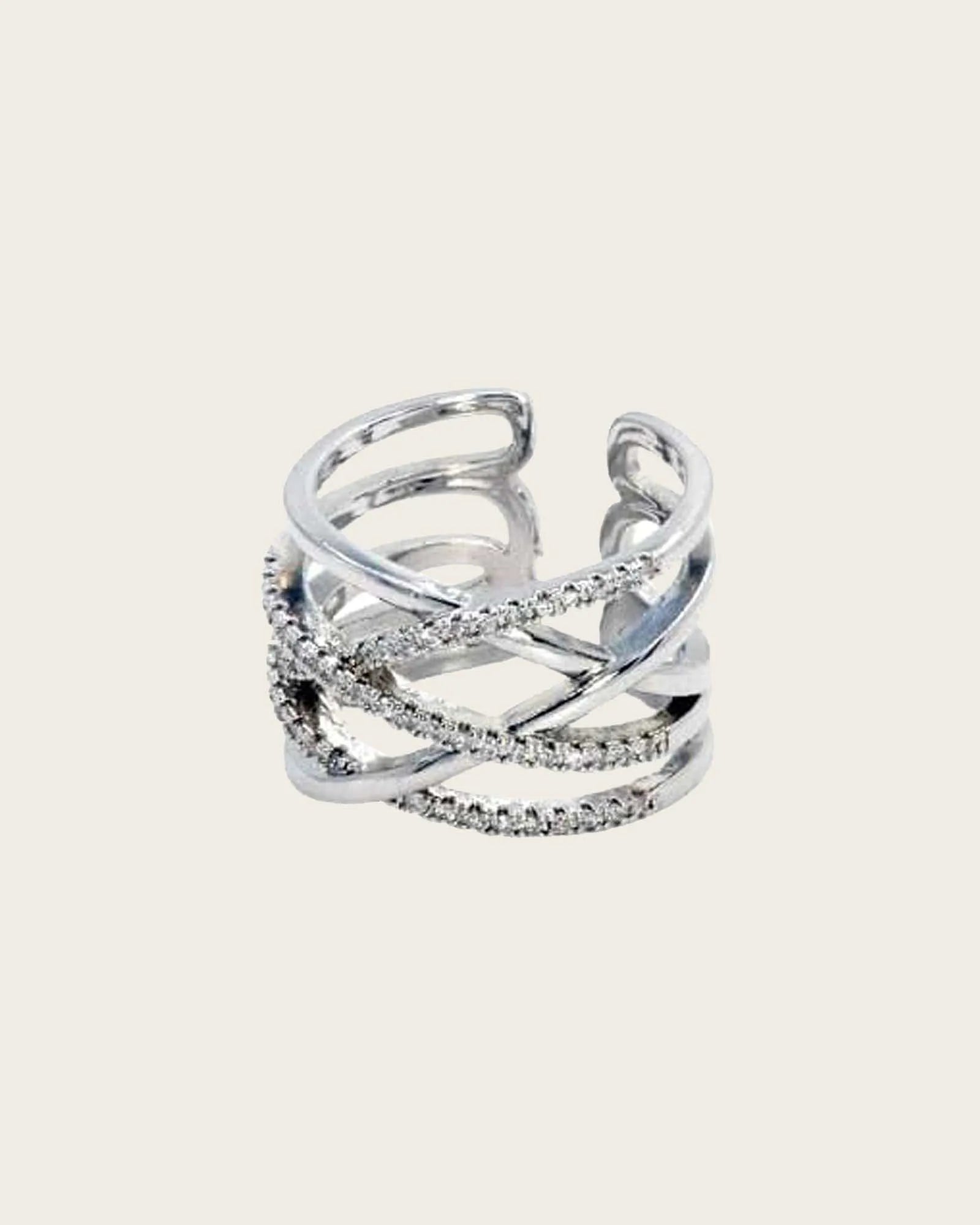 Stainless steel Criss-Cross Silver Ring with Cubic Zirconia Stones, adjestable size,for women and girls.