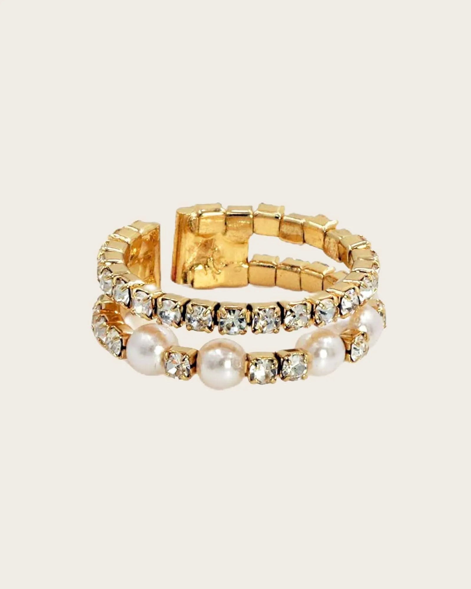 Gold-Tone Adjustable Ring with Pearls and Crystals for women and girs