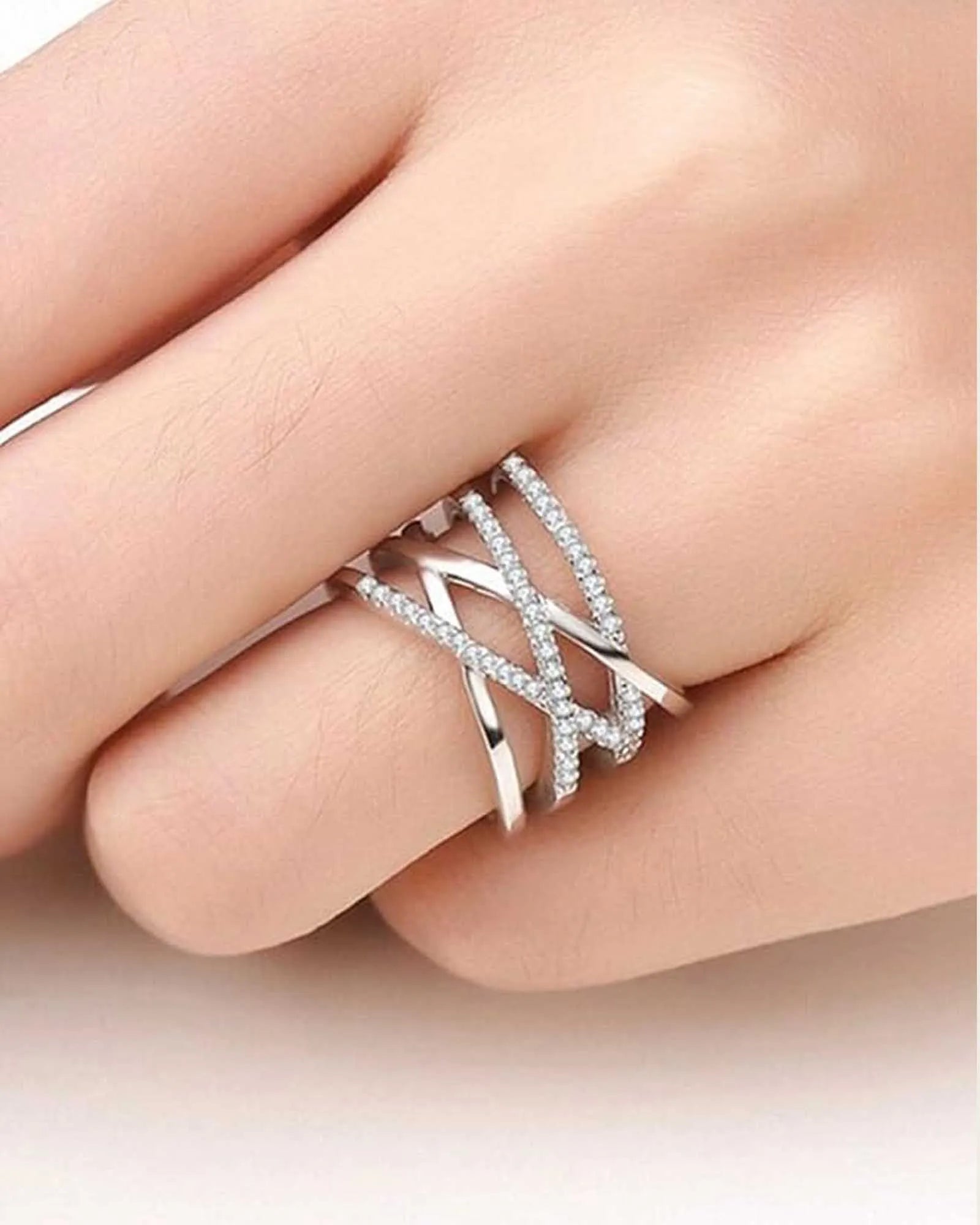 Stainless steel Criss-Cross Silver Ring with Cubic Zirconia Stones, adjestable size,for women and girls.