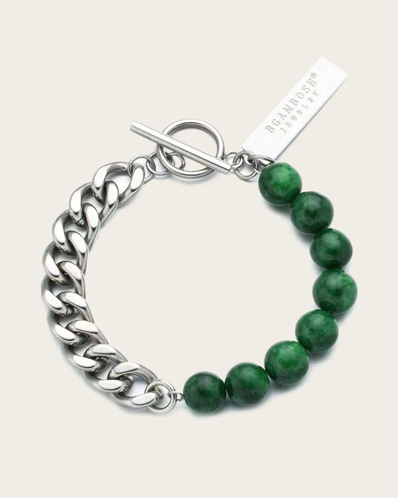 Designer Toggle Bracelet with Green Jade Beads and Stainless Steel Chain, Silver