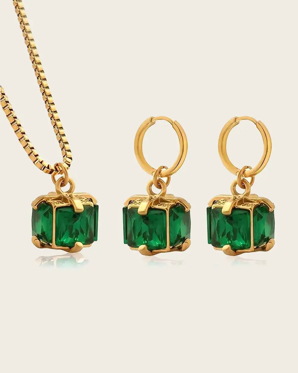 Emerald Crystal Jewelry Set, 18K Gold Plated Stainless Steel, Necklace and Hoop Earrings women and girls