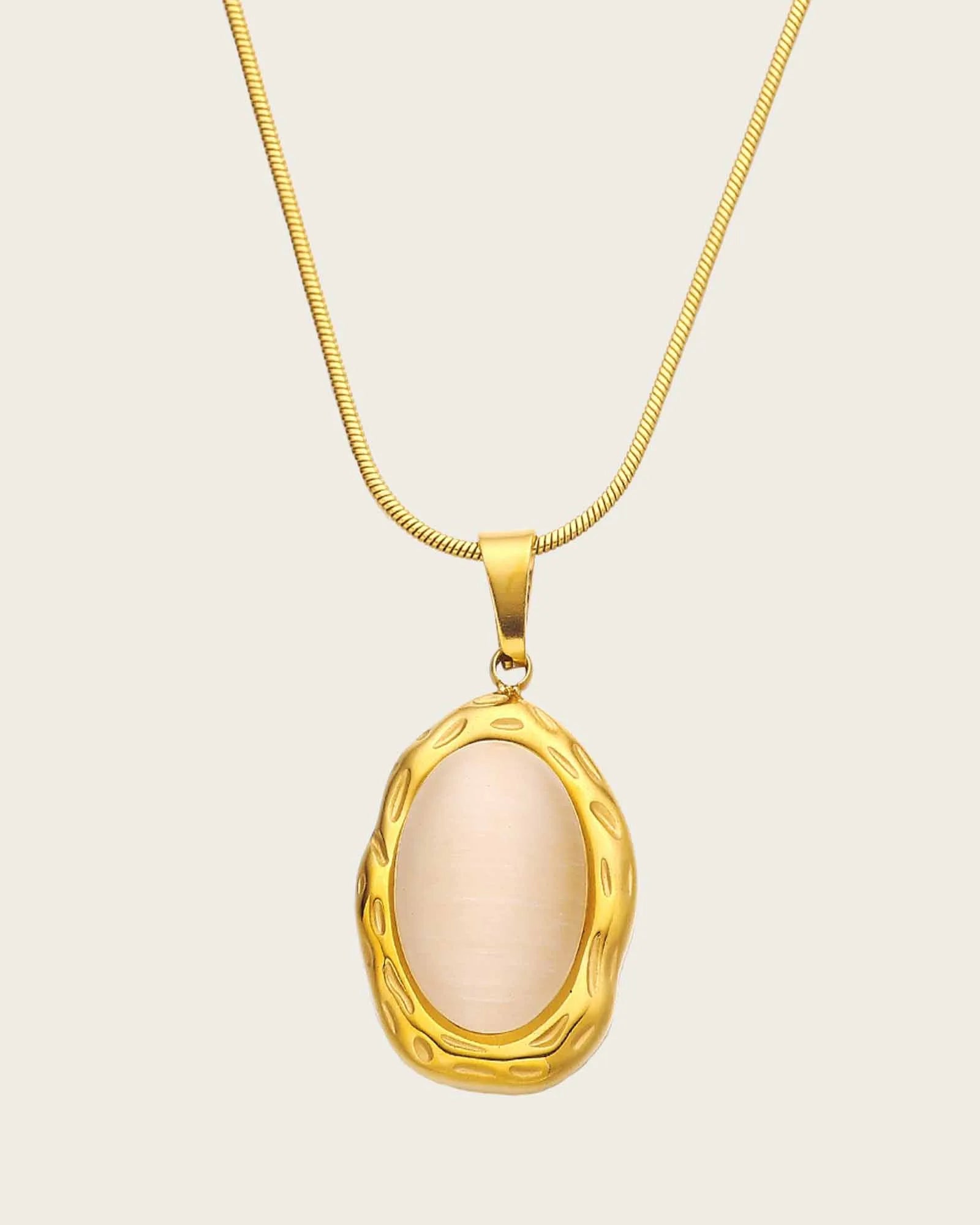 18K Gold Plated Stainless Steel Oval Cat's Eye Stone Pendant Necklace, 46 cm Chain Kaaf Creations