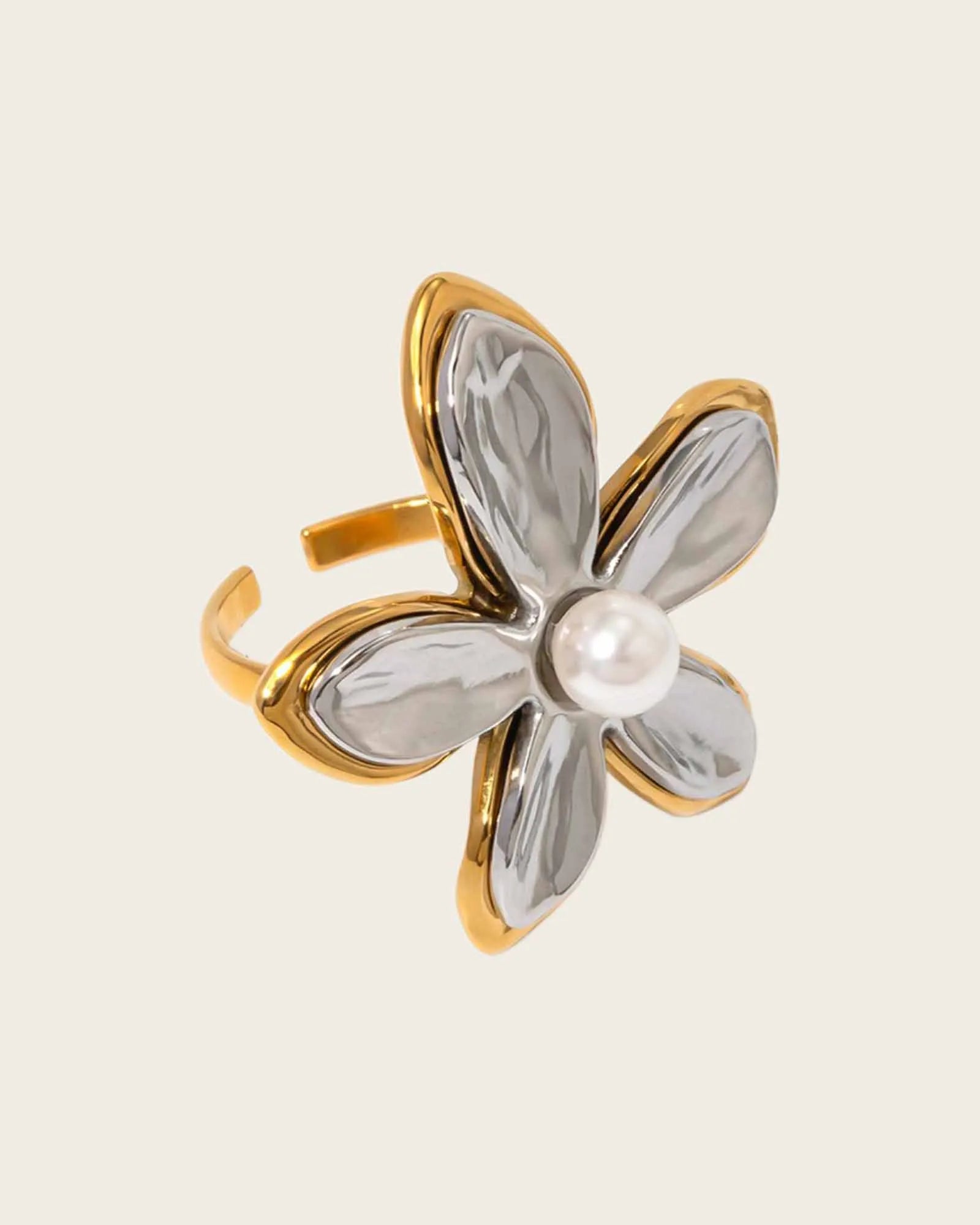 18K Gold Plated Stainless Steel, Two-Tone Flower Ring with Pearl Center, Adjustable Kaaf Creations