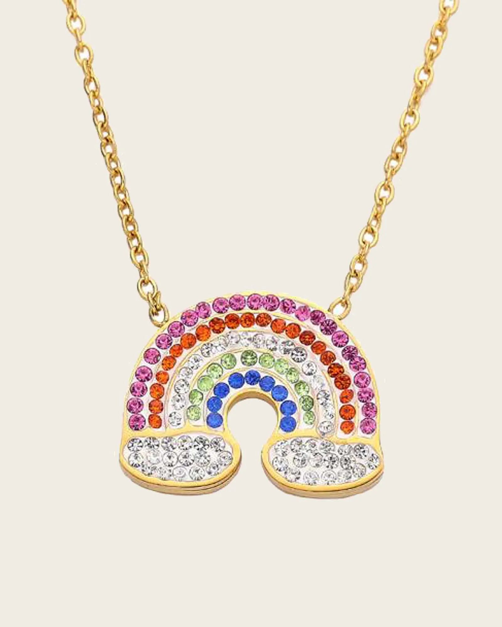 Rainbow Crystal Pendant Necklace, 18K Gold Plated Stainless Steel Chain, Multicolored