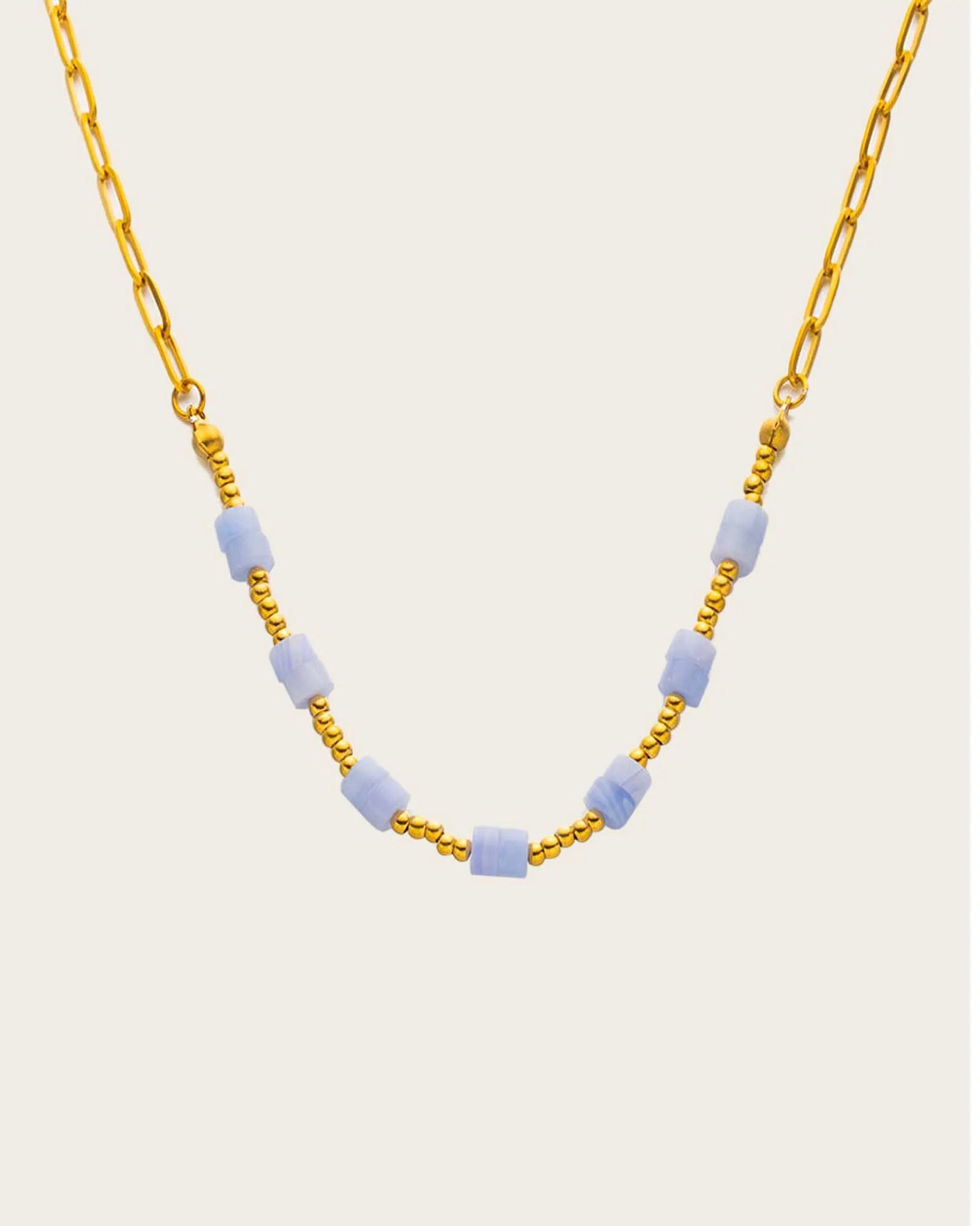 18K Gold Plated Stainless Steel Chain, Dainty Blue Chalcedony Necklace, 39.5 + 5 cm Length Kaaf Creations