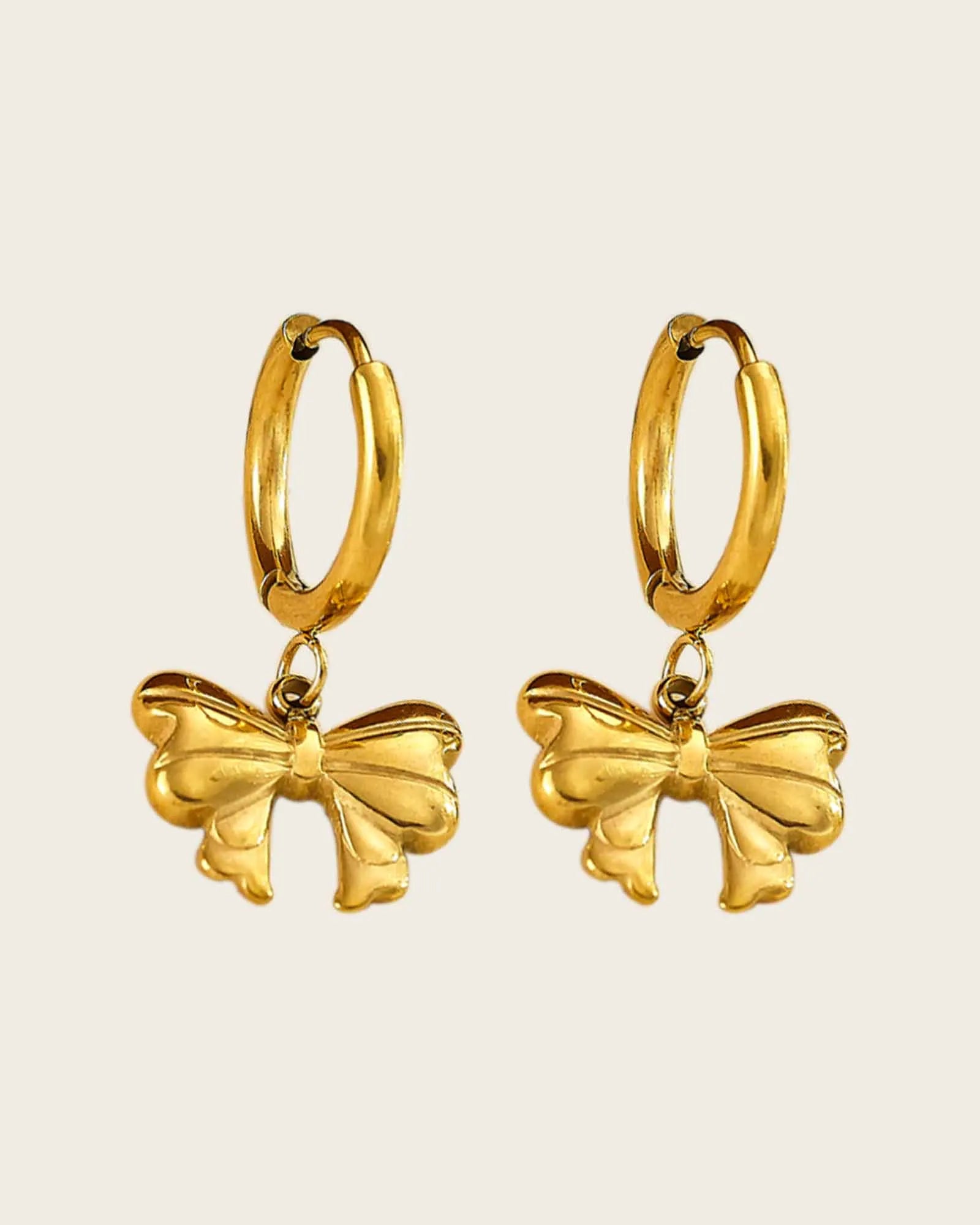 18K Gold Plated Stainless Steel, Bow Charm Hoop Earrings, Dangle Drop Style