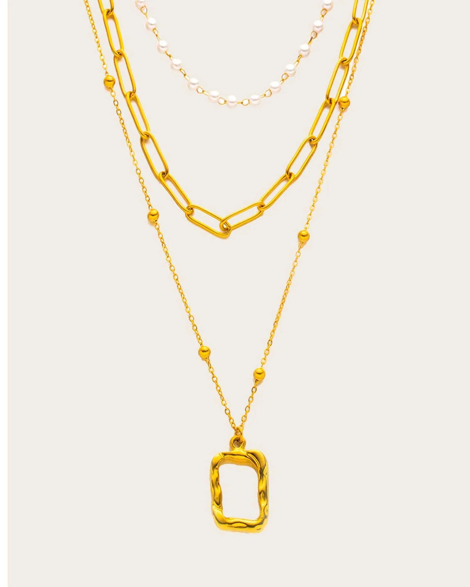 18k gold plated stainles steel Layered Chain Necklace Set, Pearl and Rectangle Pendant, 38 cm, 37 cm, 51 cm Kaaf Creations