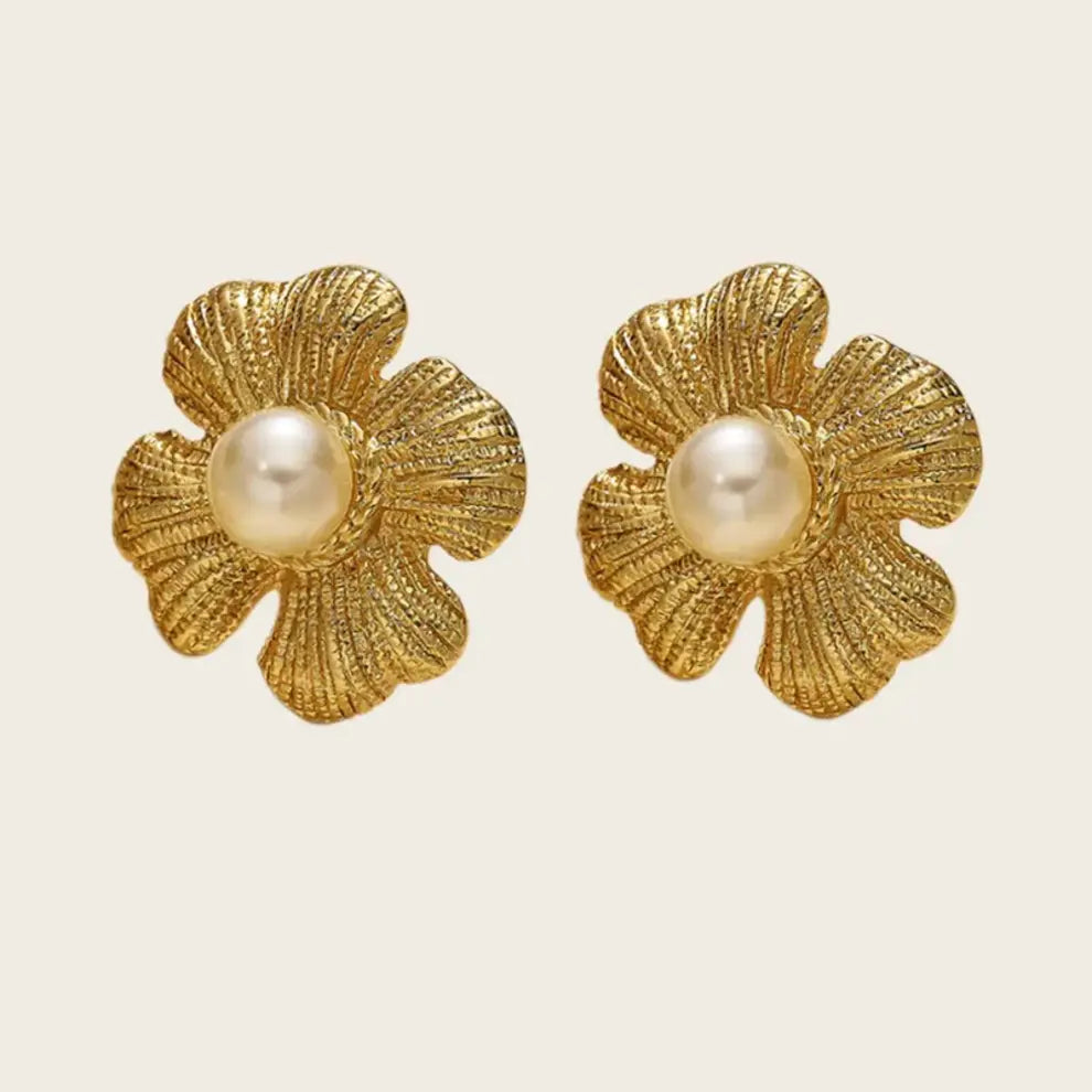 18K Gold Plated and Stainless Steel, Floral Pearl Stud Earrings, Textured Flower Design Kaaf Creations