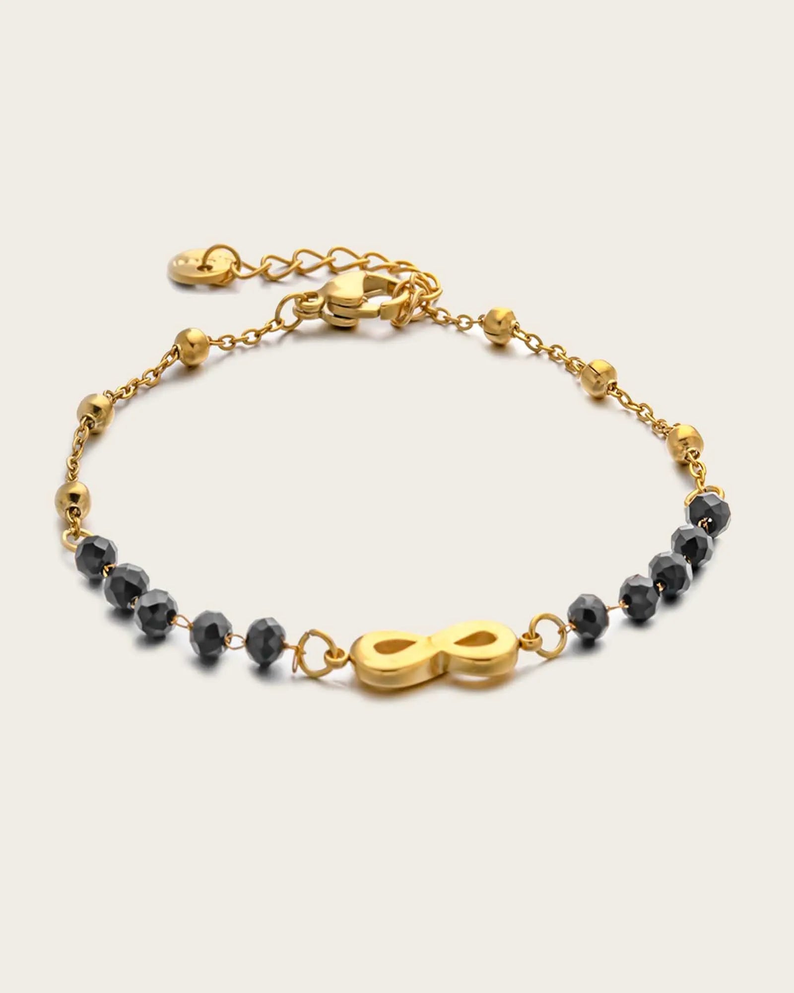 18K Gold Plated Stainless Steel, Infinity Charm Bracelet, Black Crystal Beads, 17+3 cm Kaaf Creations