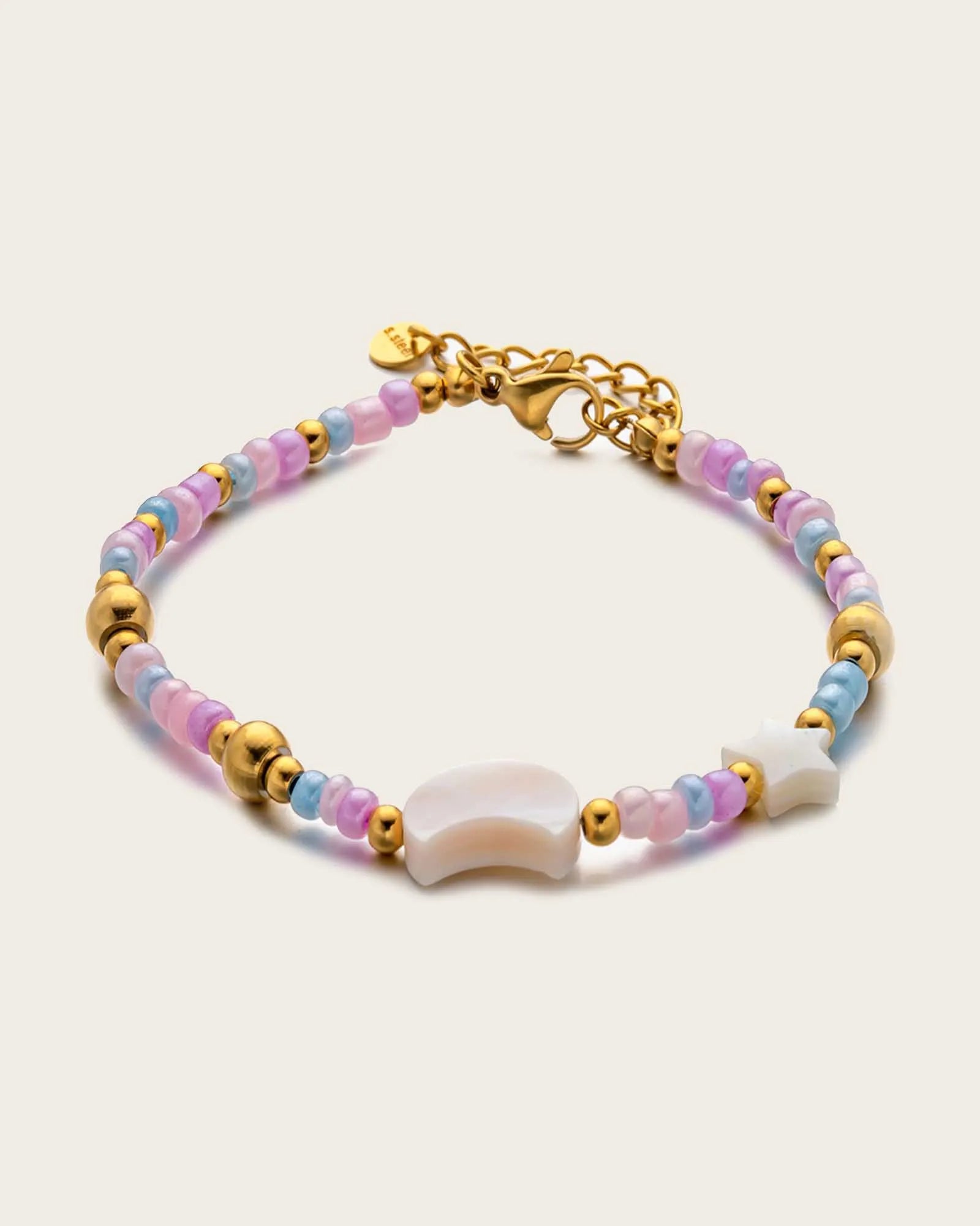 18K Gold Plated stainless steel, Pastel Glass Bead Bracelet with Pearl Accent, 16.5 cm + 3 cm Extension Kaaf Creations