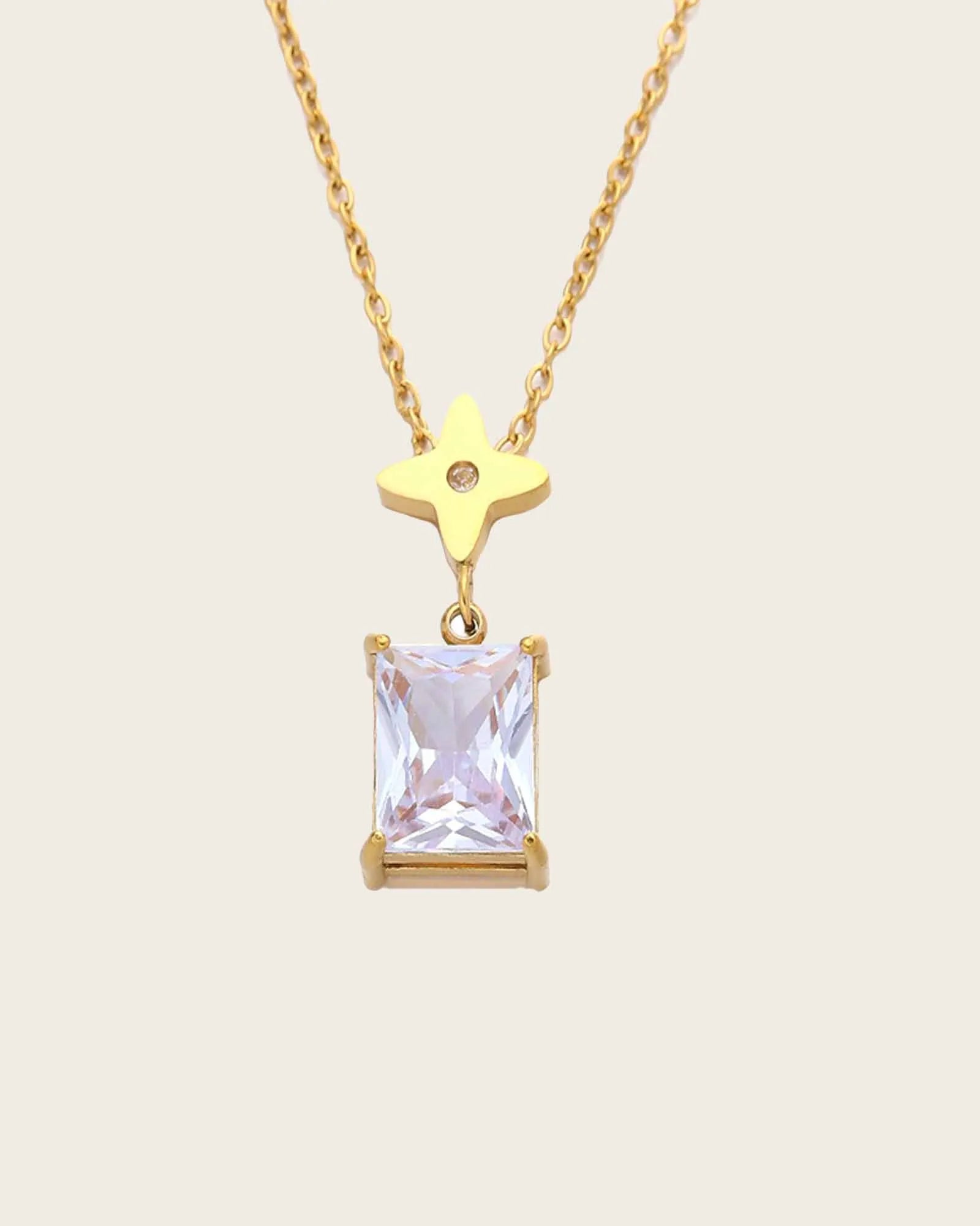 Crystal Pendant Necklace with Star Charm, 18K Gold Plated Stainless Steel, 40+5 cm Chain