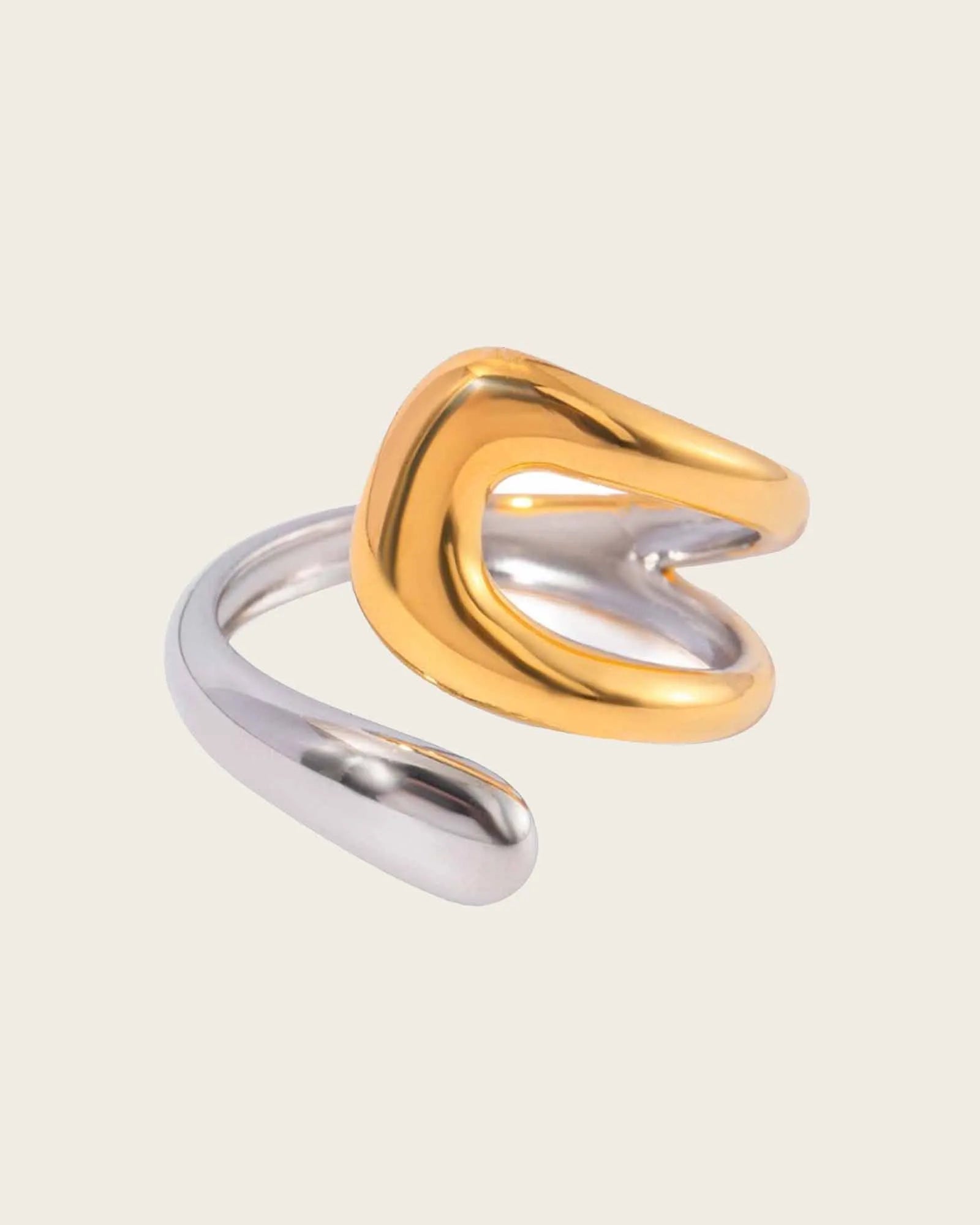 Two-Tone Adjustable Ring, 18K Gold Plated and Silver Stainless Steel, Modern Design