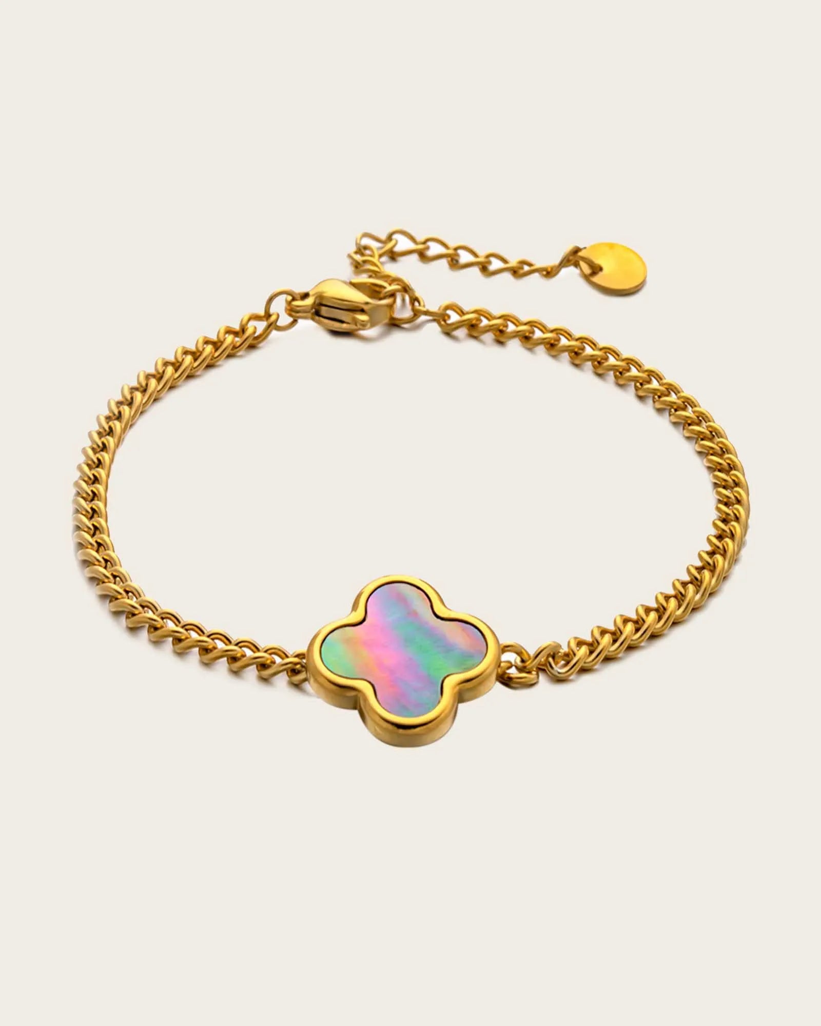 18K Gold Plated Stainless Steel, Clover Charm Bracelet, Iridescent Center, 16.5 cm + 4 cm Extension