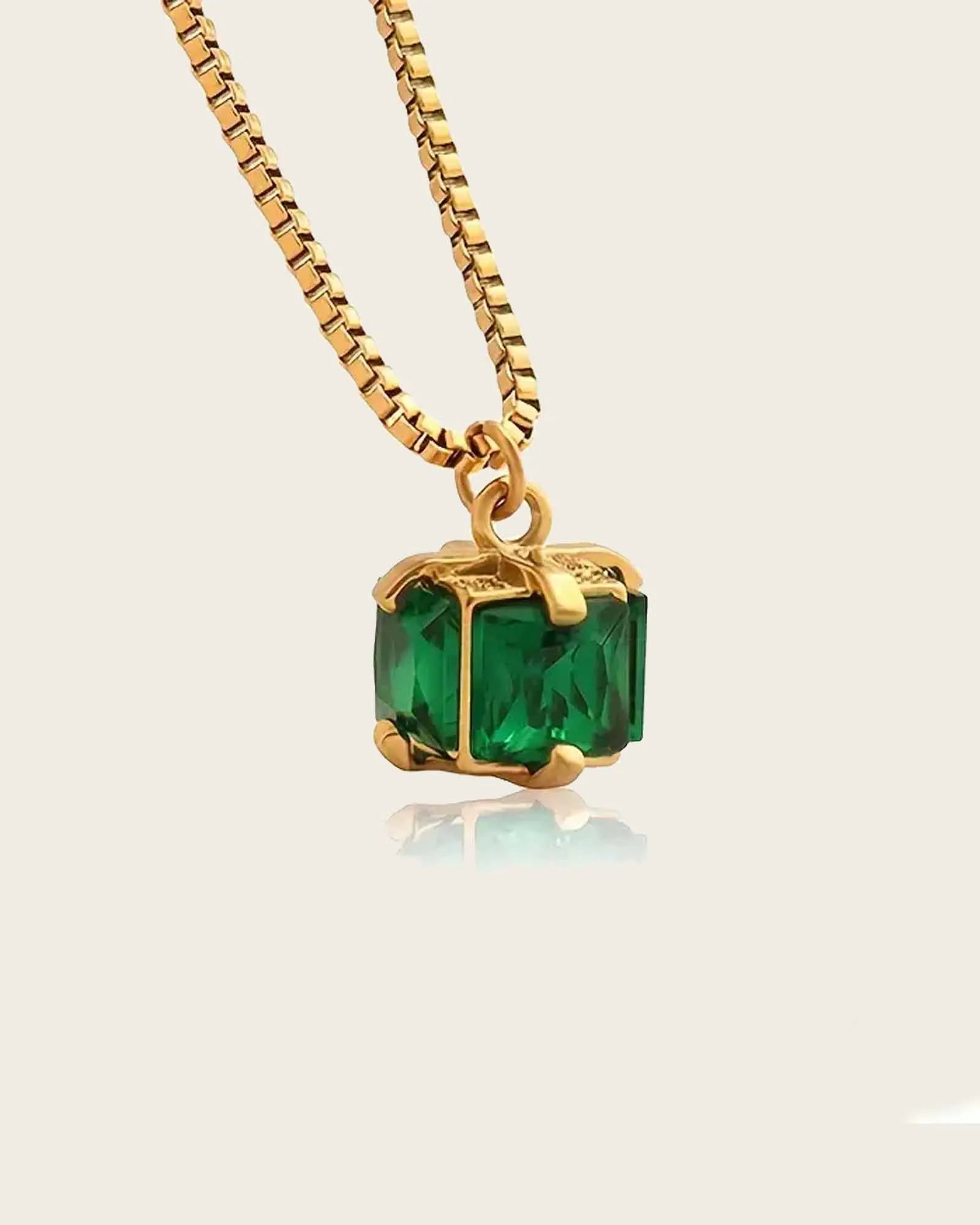 18K Gold Plated Stainless Steel, Emerald Crystal Pendant Necklace with Box Chain Kaaf Creations