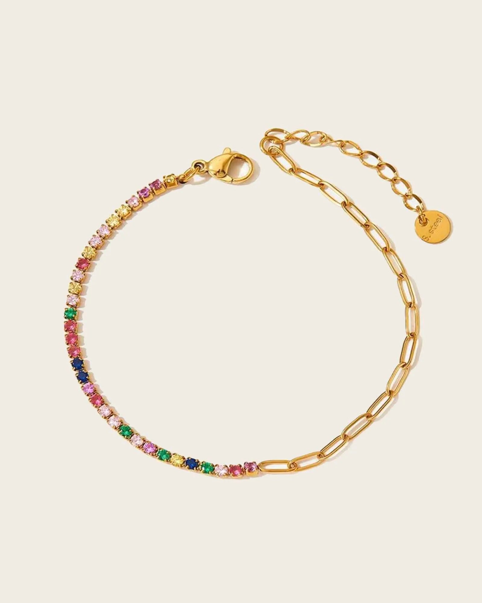 Rainbow Crystal Chain Bracelet, 18K Gold Plated Stainless Steel, 17+3cm, Mixed Gemstones women and girls