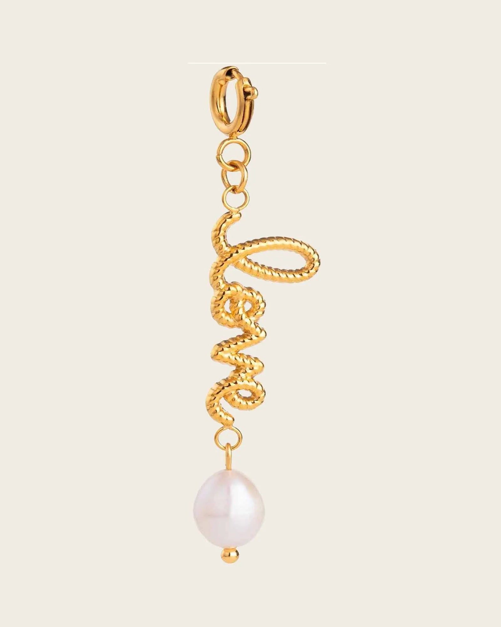 Love Script Pearl Drop Charm, 18K Gold Plated Stainless Steel, Single Dangle Charm for women and girls