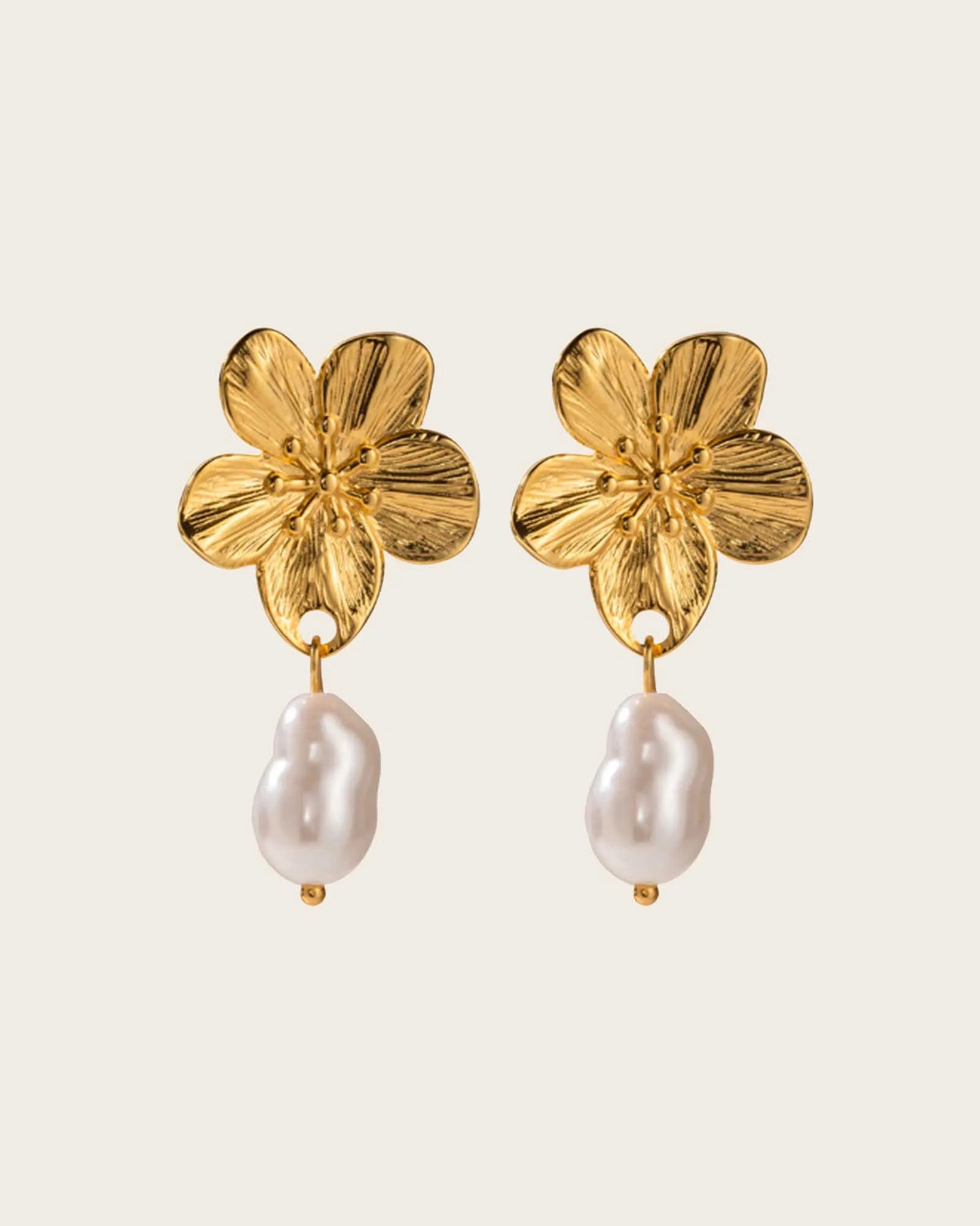 Flower Drop Earrings, 18K Gold Plated Stainless Steel with Baroque Pearl, Floral Design Kaaf Creations