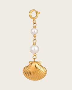 Shell Pearl Charm, 18K Gold Plated Stainless Steel, Seashell Pendant with White Pearls