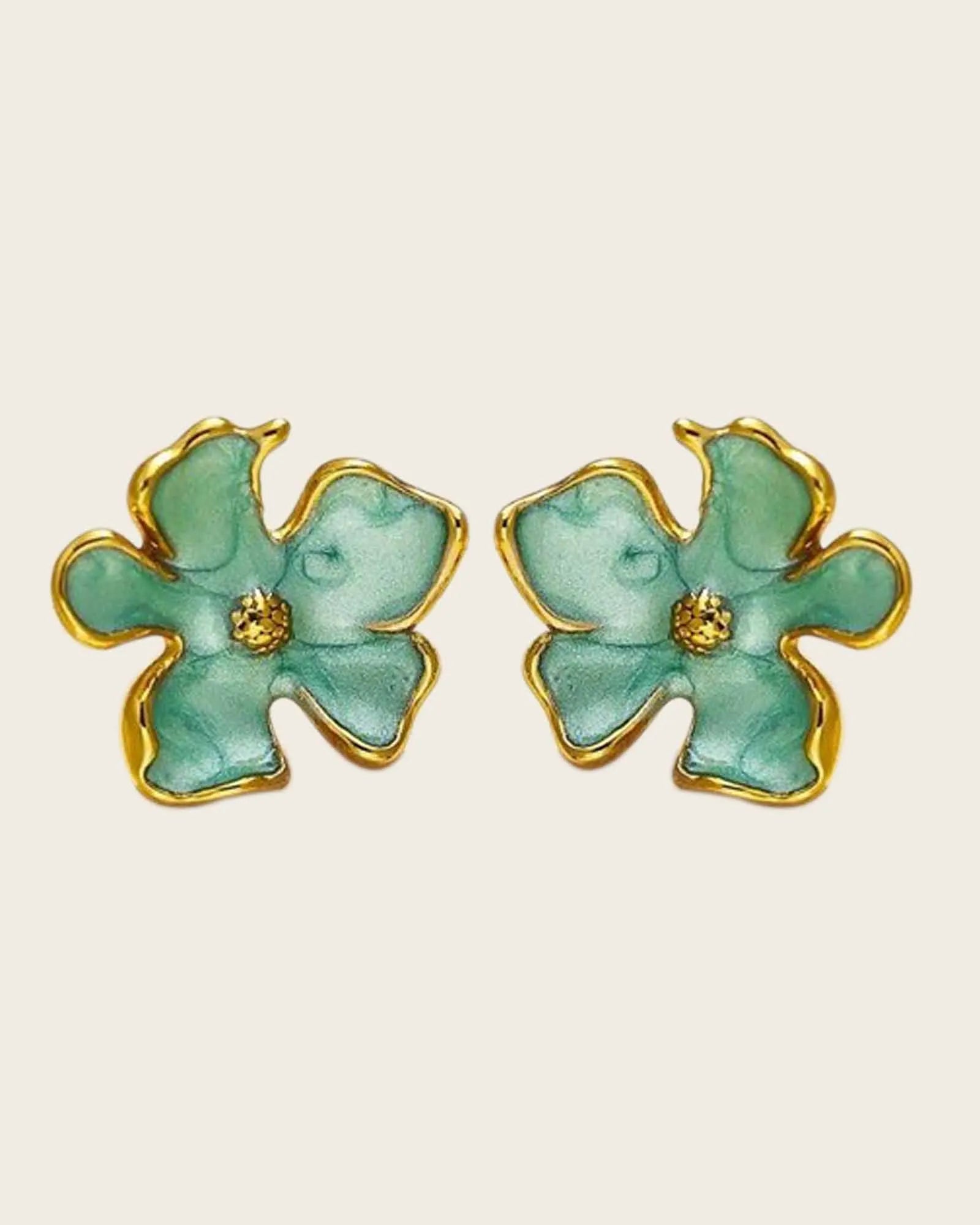 18K Gold Plated Stainless Steel Floral Stud Earrings, Mint Green Enamel with Gold-Plated Trim