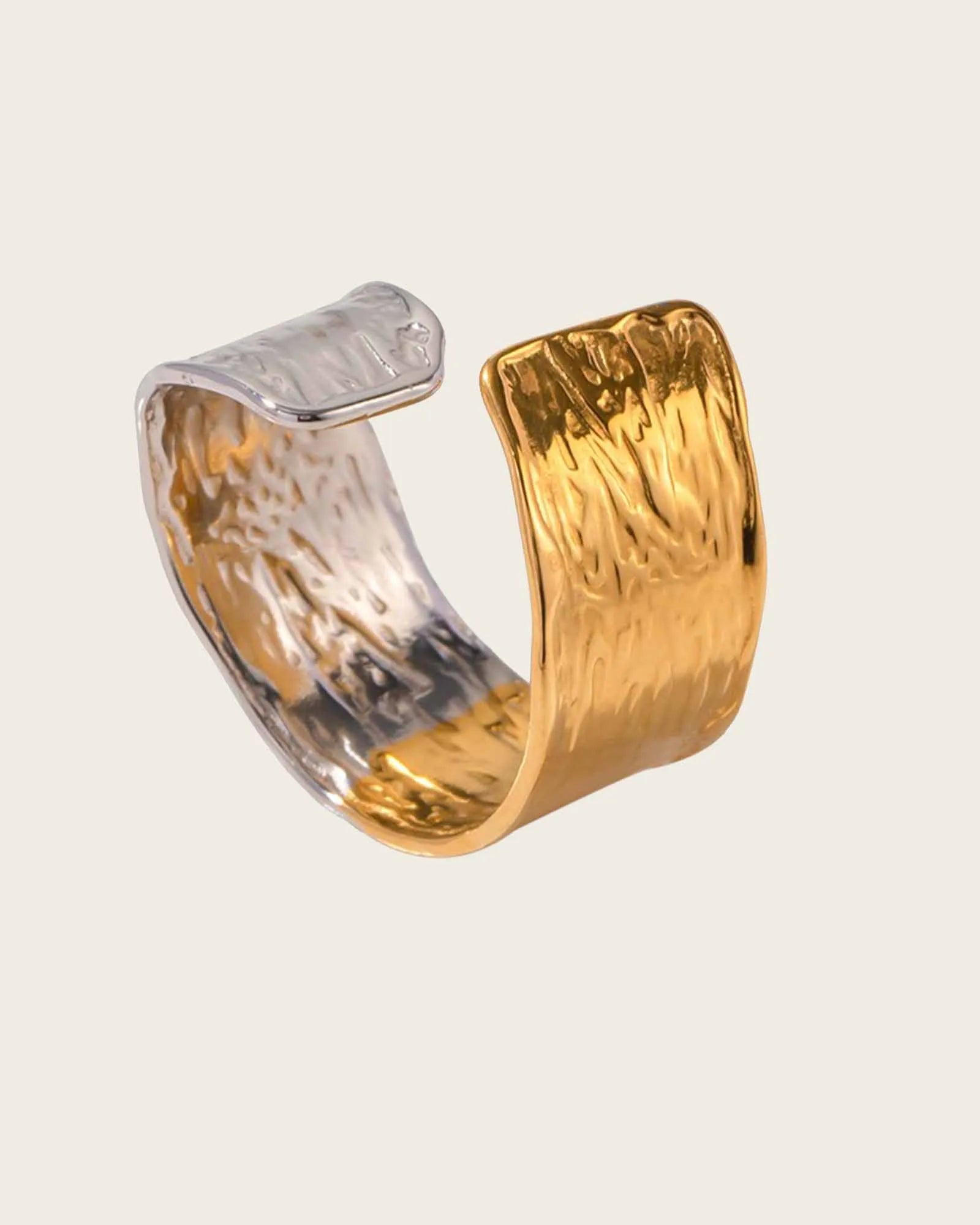 Two-Tone Hammered Cuff Ring, 18K Gold Plated Stainless Steel, Adjustable