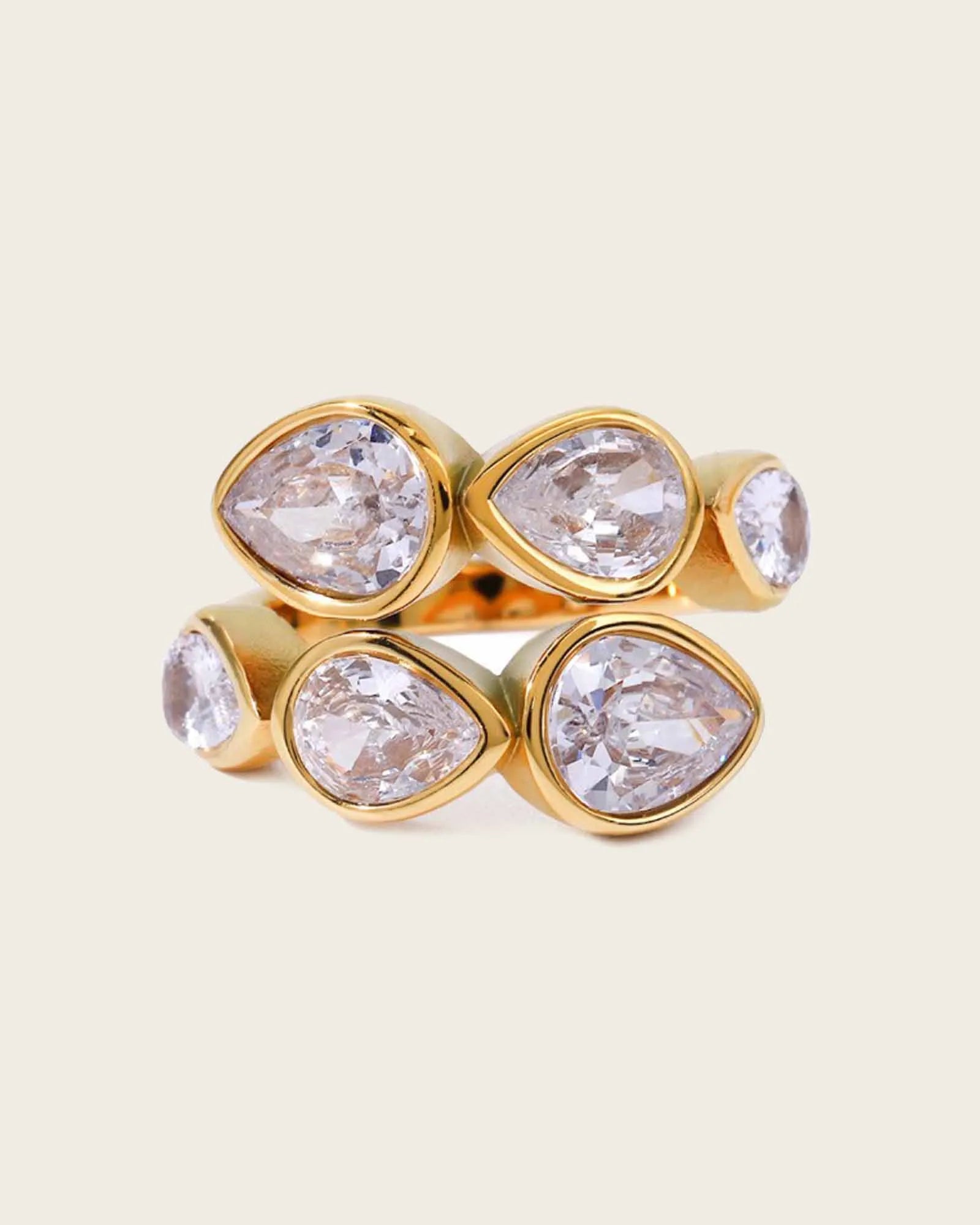 18K Gold Plated Stainless Steel, Crystal Teardrop Statement Ring, Multi-Stone Design Kaaf Creations