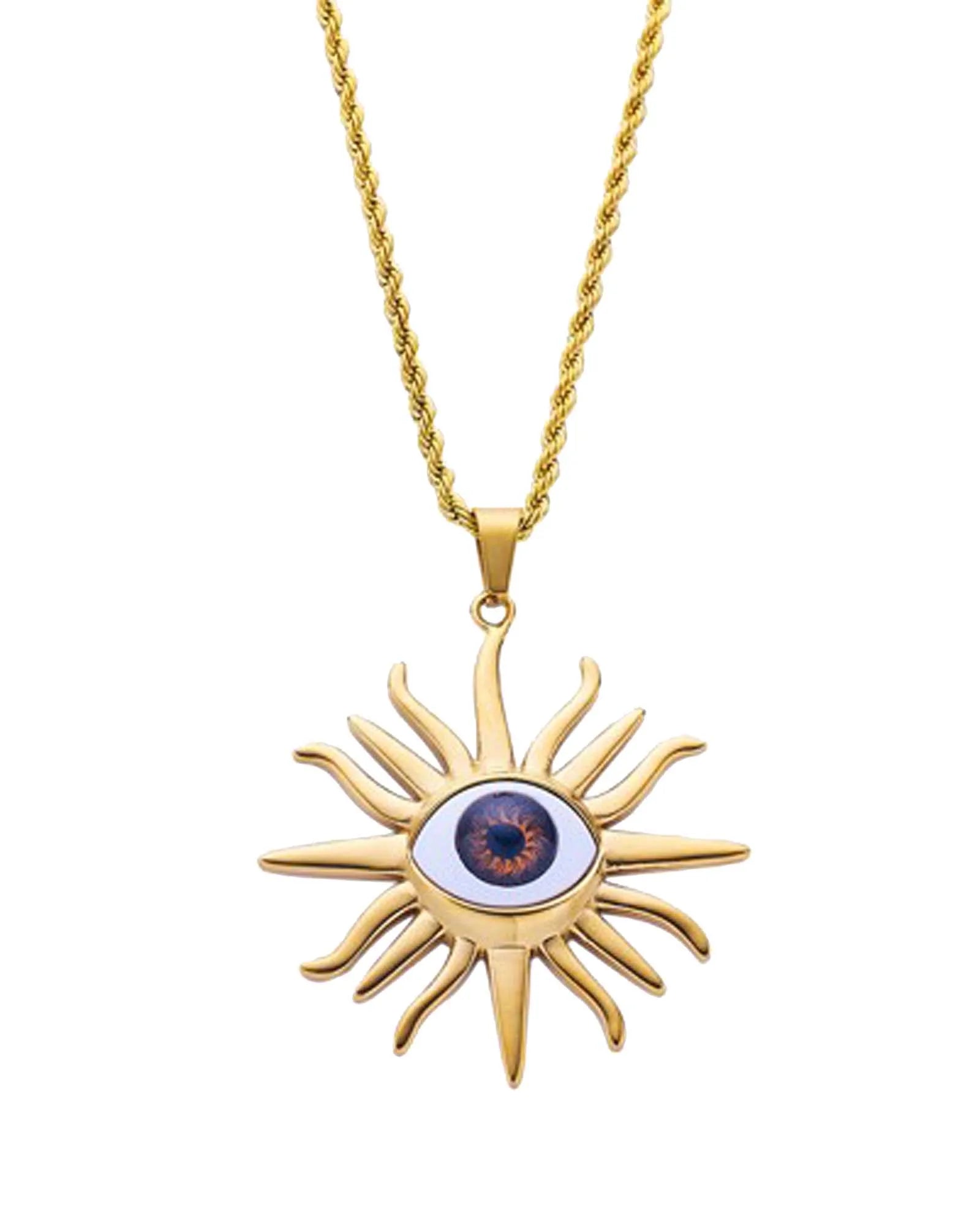 18k Gold Plated Stainless Steel, Evil Eye Sun Pendant Necklace, 50 cm Chain Kaaf Creations