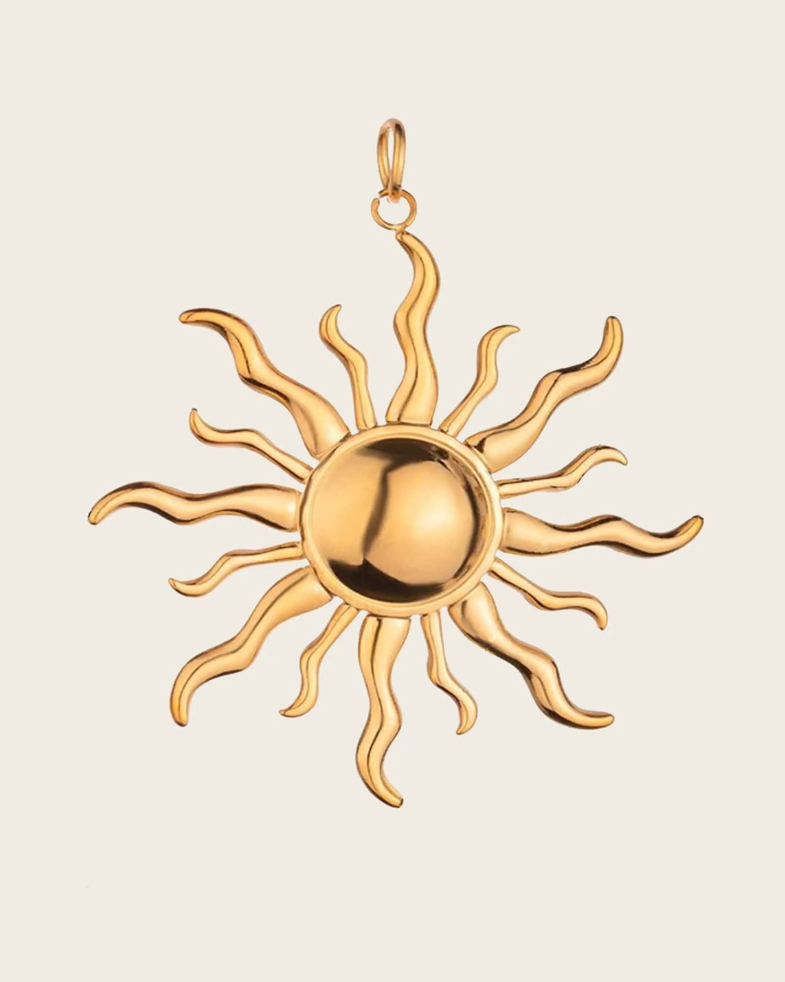 Sun Pendant Charm, 18K Gold Plated Stainless Steel, Wavy Rays Design