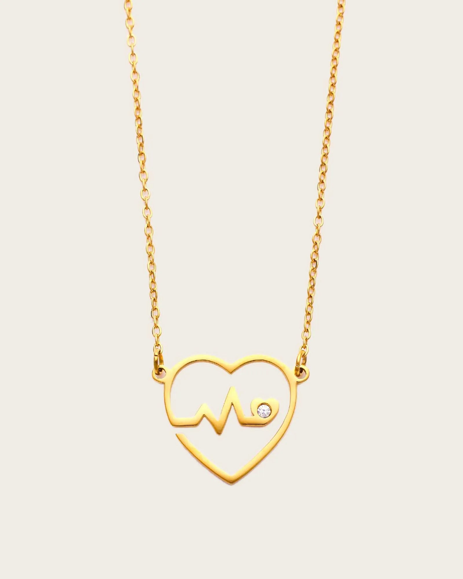 18K Gold Plated Stainless Steel, Heartbeat Crystal Pendant Necklace, 47 cm Chain Kaaf Creations