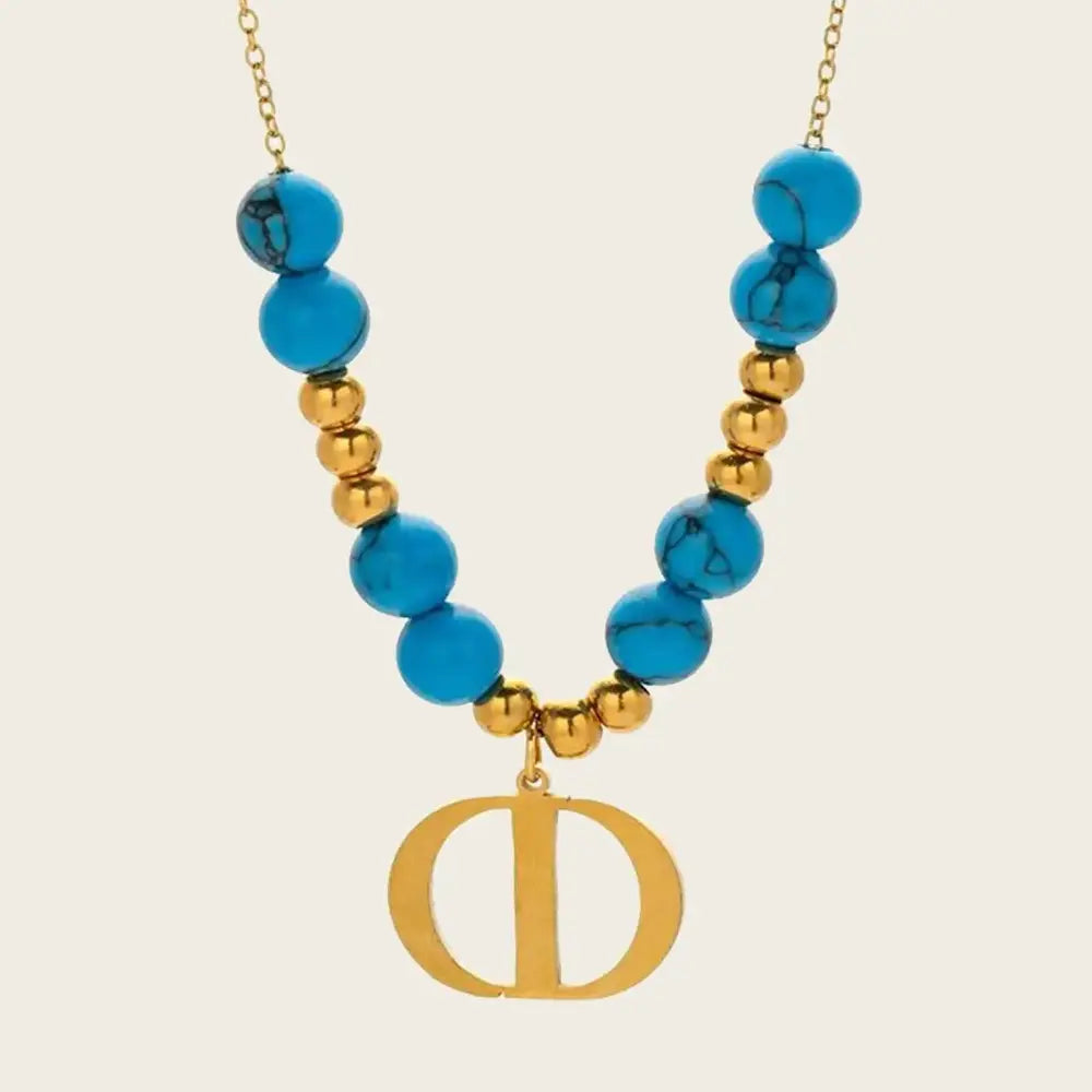 18K Gold Plated Stainless Steel Chain, Turquoise and Gold Beaded Initial Necklace with CD Pendant,