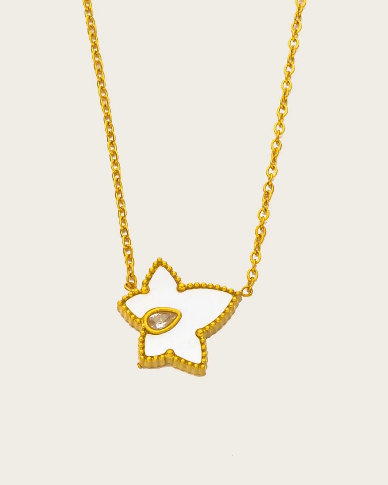 White Enamel Star Pendant Necklace, 18K Gold Plated Stainless Steel Chain, Crystal Accent for women and girls