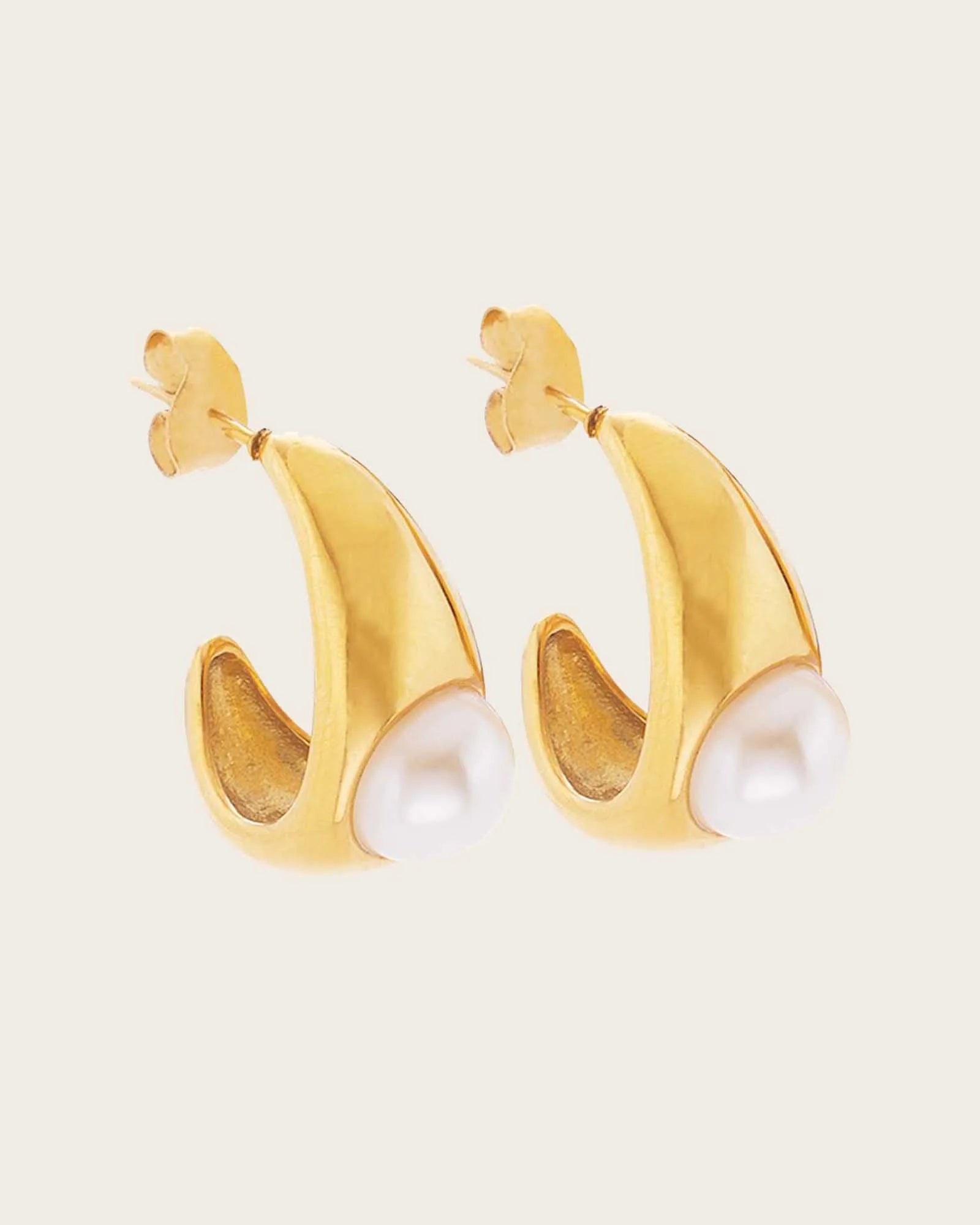 Pearl Drop Hoop Earrings, 18K Gold Plated Stainless Steel, Modern Design