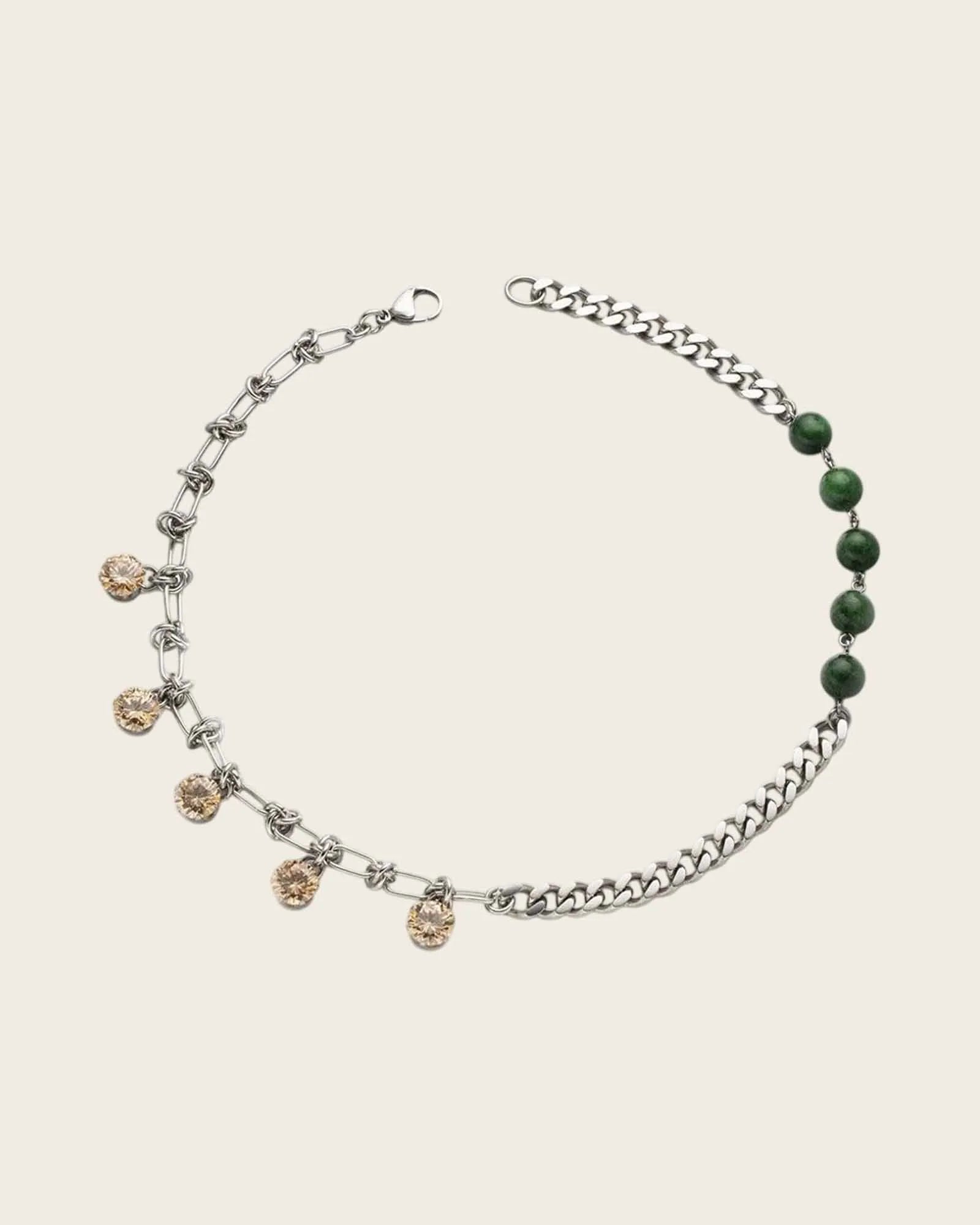 Mixed Chain Necklace with Crystal Charms, Green Beads, Silver Metal, 46.5 cm