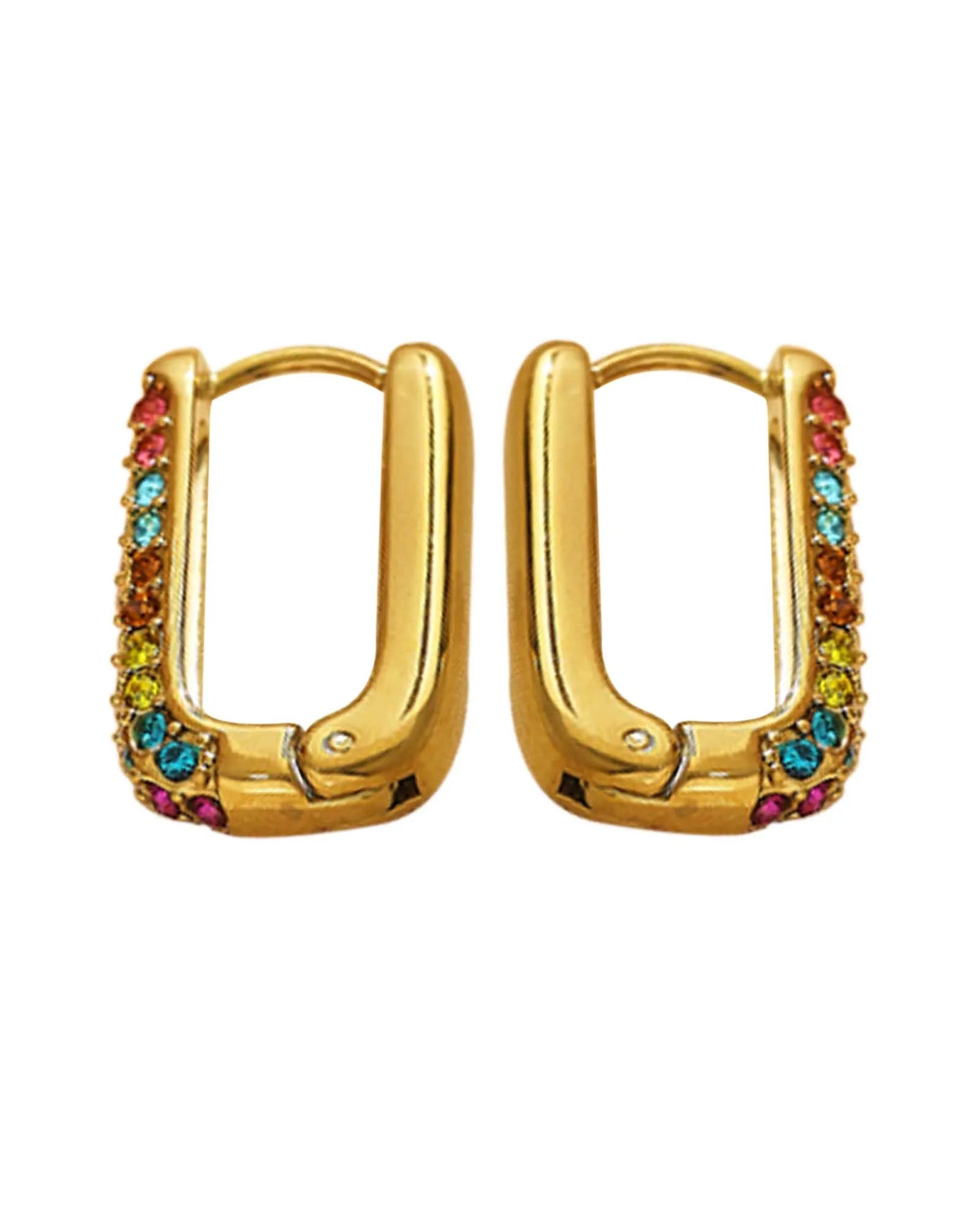 18K Gold Plated Stainless Steel, Square Hoop Earrings, Crystal and Rainbow Gemstone Set,