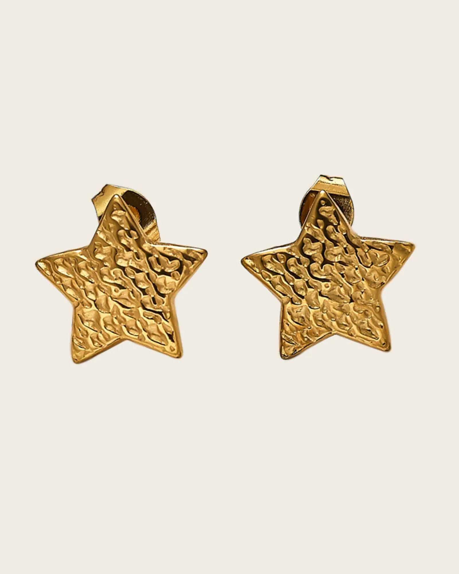 18K Gold Plated Stainless Steel, Star Stud Earrings, Hammered Textured Design Kaaf Creations