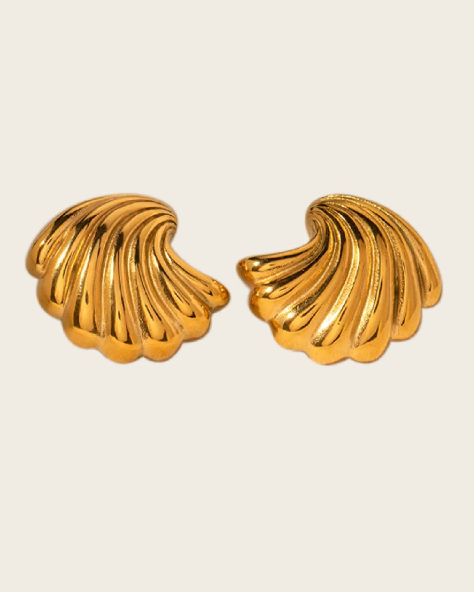 18K Gold Plated Stainless Steel, Shell-Shaped Stud Earrings, Ridged Design